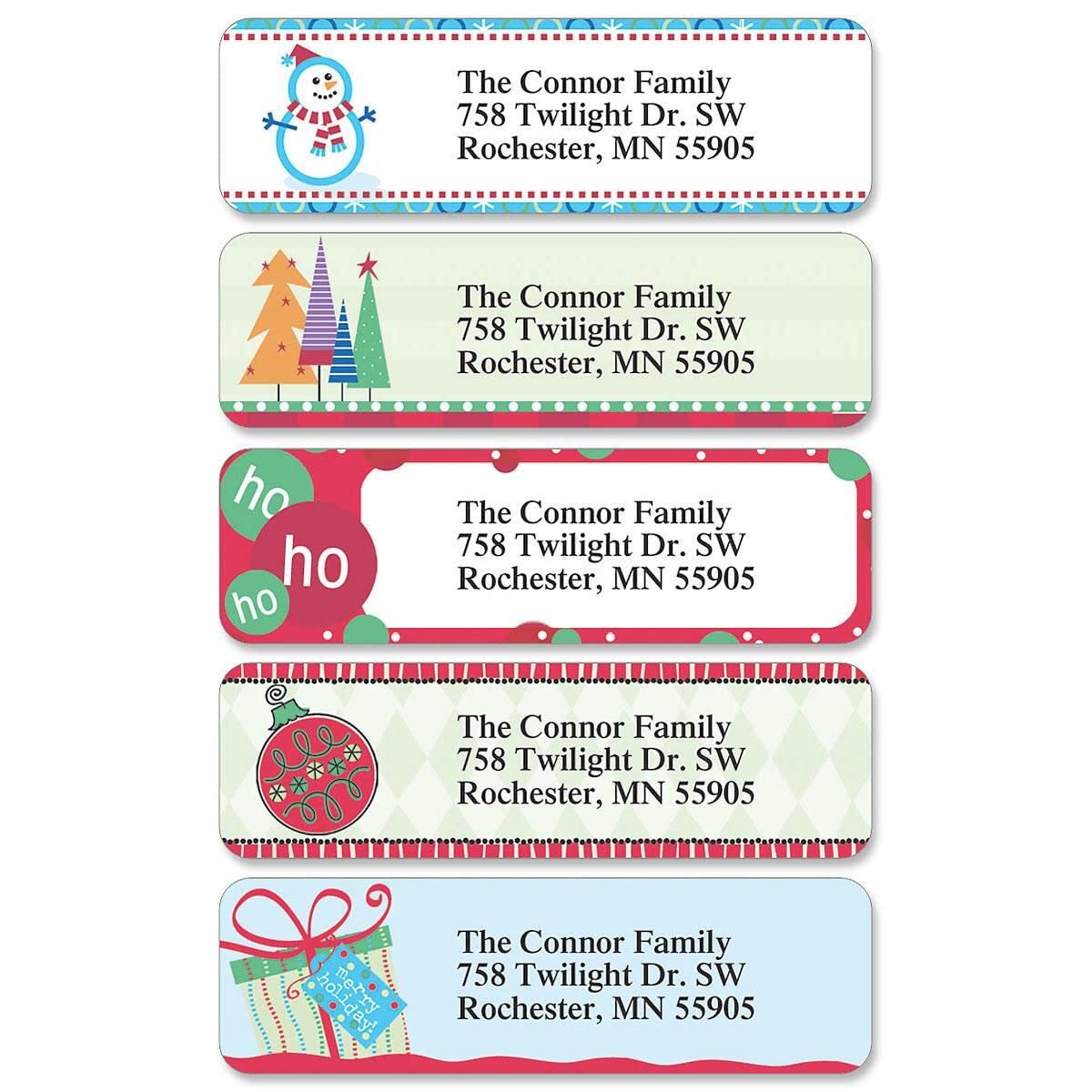 Christmas Designs Rolled Personalized Return Address Mailing Labels with  Dispenser, Set of 250, 5 Designs, Small ¾ x 2½ Inch Size, Custom ...
