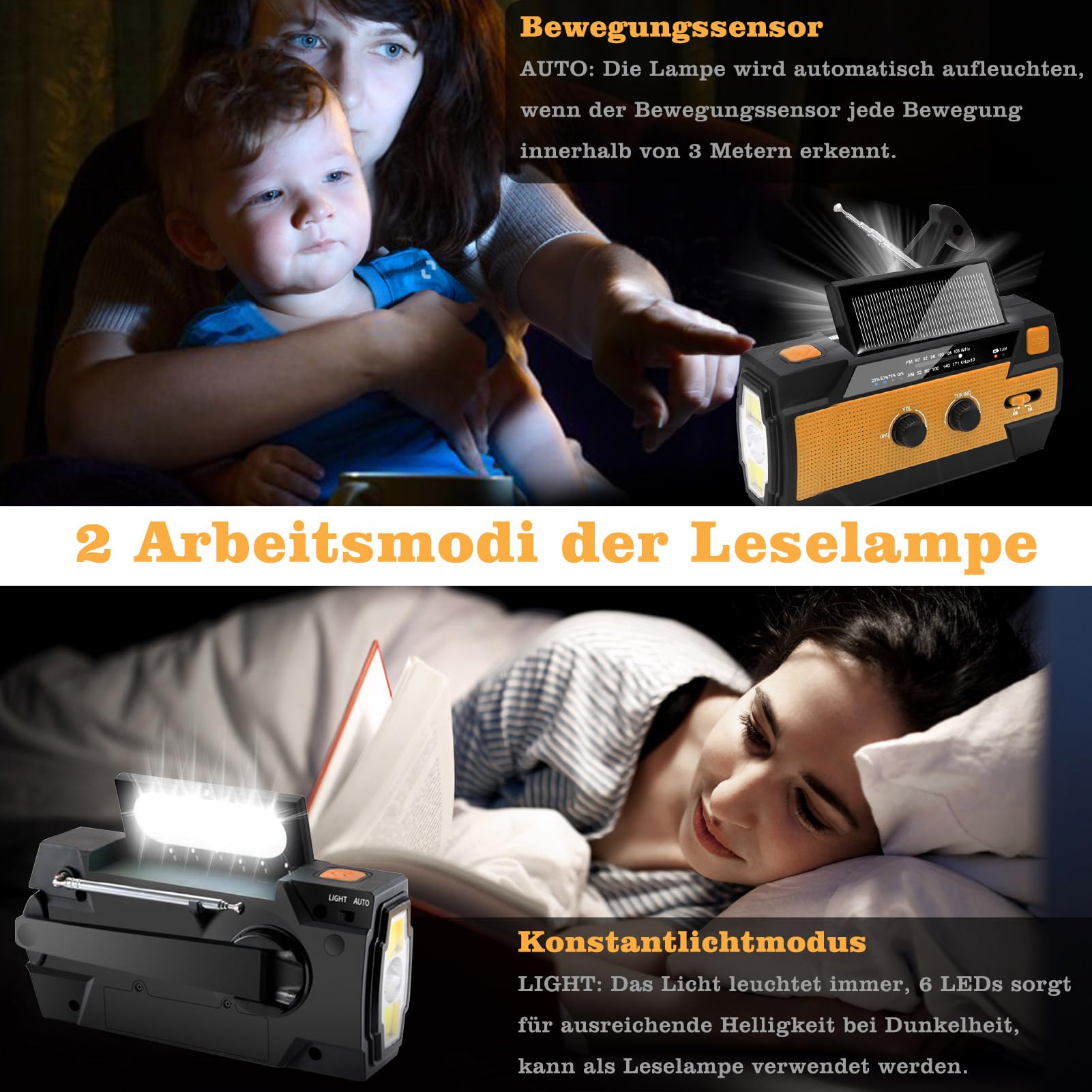 Nigecue Solar Radio, Tragbar Kurbelradio Dynamo Radio mit AM/FM, Eingebaute 4000mAh Wiederaufladbare Batterie, 4 Modi LED Taschenlampe, LED Leselampe mit Bewegungssensor, SOS-Alarm für Notfall Ourdoor
