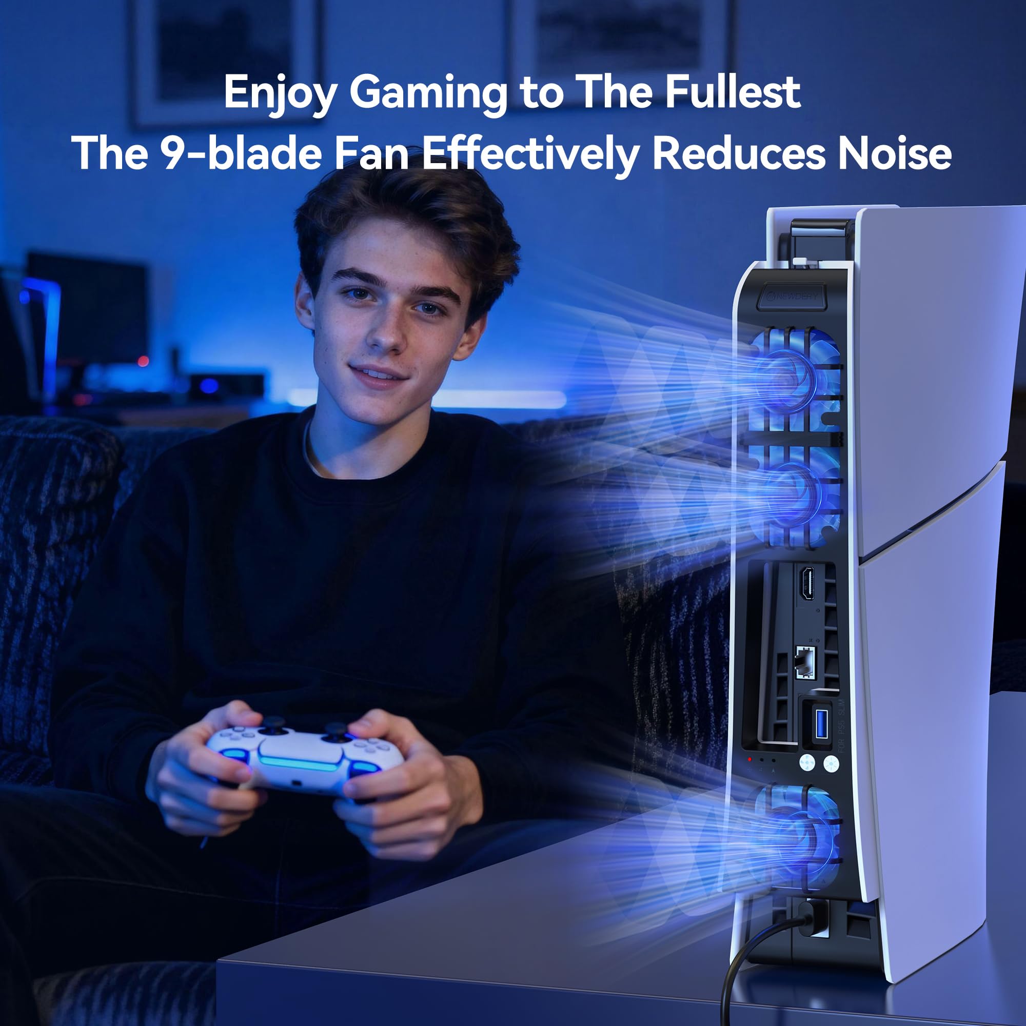 NEWDERY Ventola di raffreddamento per console PS5 Slim, ventola di raffreddamento silenziosa aggiornata, velocità regolabile in temperatura automatica, luce RGB dinamica, porta USB 3.0