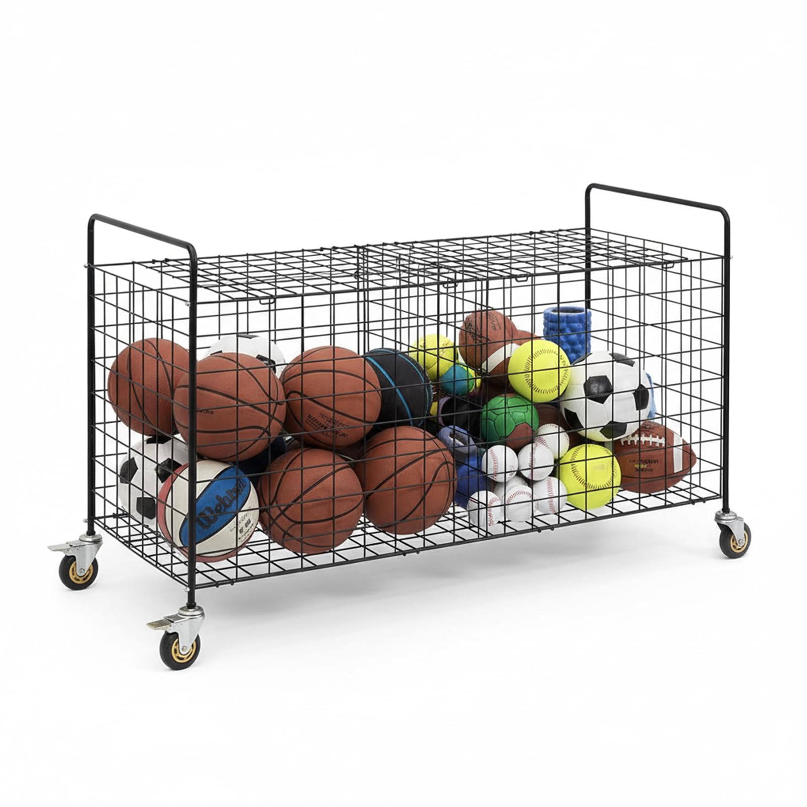 MyGift X-Large Capacity Black Metal Sports Ball and Gym Equipment Storage Rolling Cart with 2 Compartments, Lock Latch and Heavy-Duty Locking Caster Wheels, Garage Ball and Gear Organizer Holder