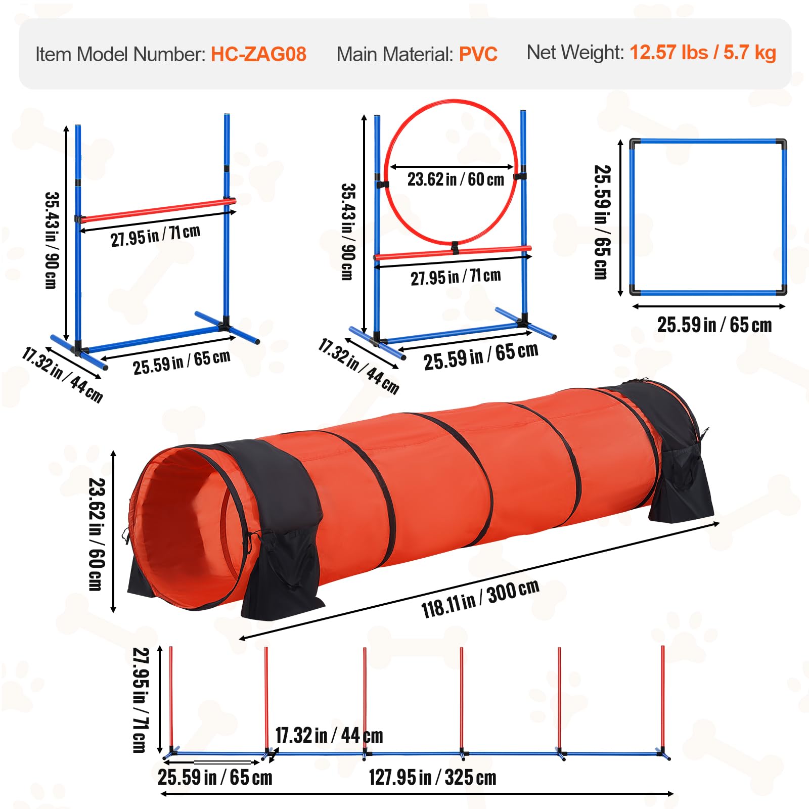 VEVOR Kit de Equipo de Entrenamiento de Agilidad para Perros 5 Piezas Carrera de Obstáculos para Cachorros con Vallas Altas Ajustables 6 Postes Túnel Anillo de Salto Caja de Descanso Silbato Cuenco