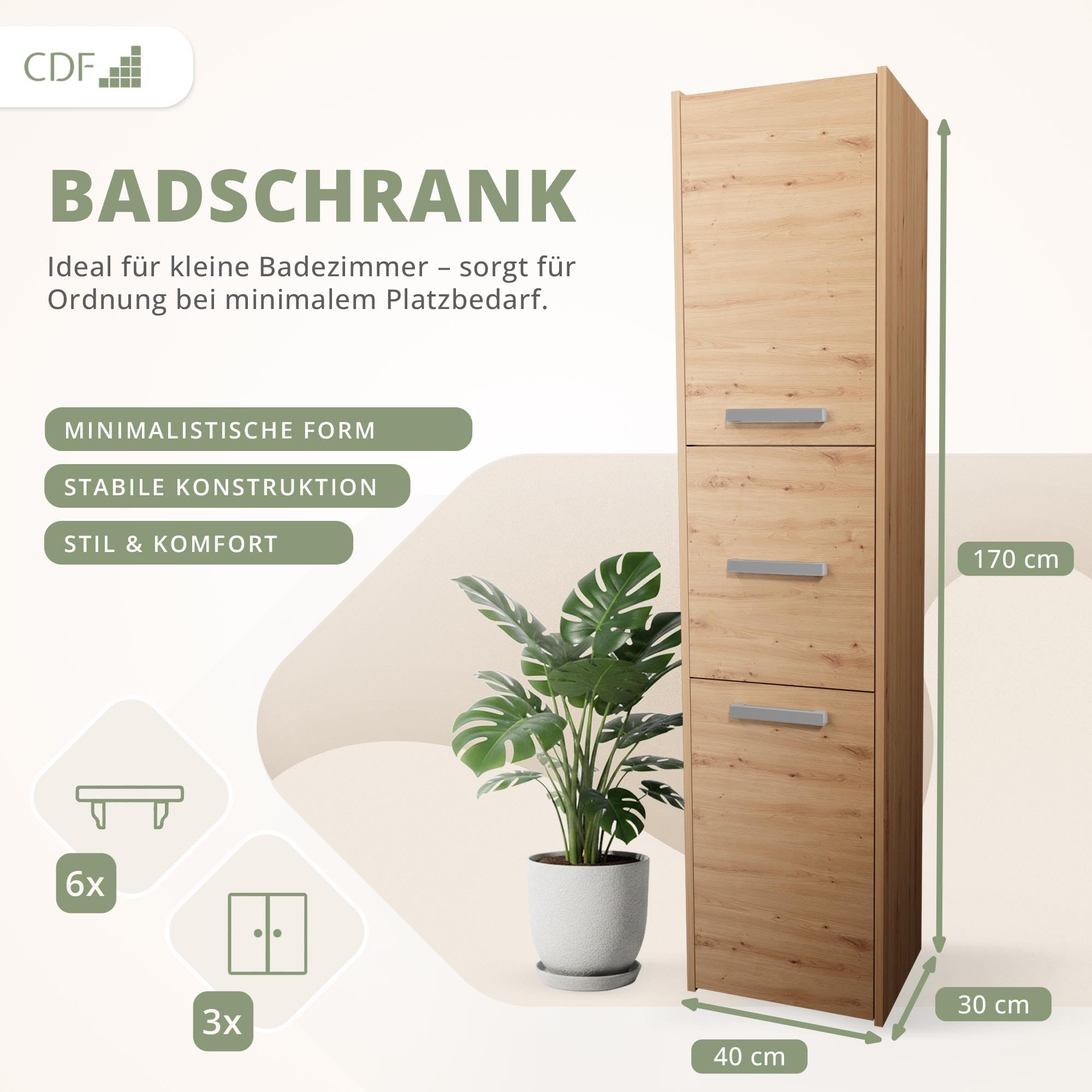 CDF Hochschrank SCHMAL HOCH-Schrank Badschrank 40cm Breit Badezimmerschrank | Nischenschrank Badmöbel für Kosmetik Handtücher Badezimmer Bad WC Toilette Flur Stehend Eiche Artisan | 30x40x170