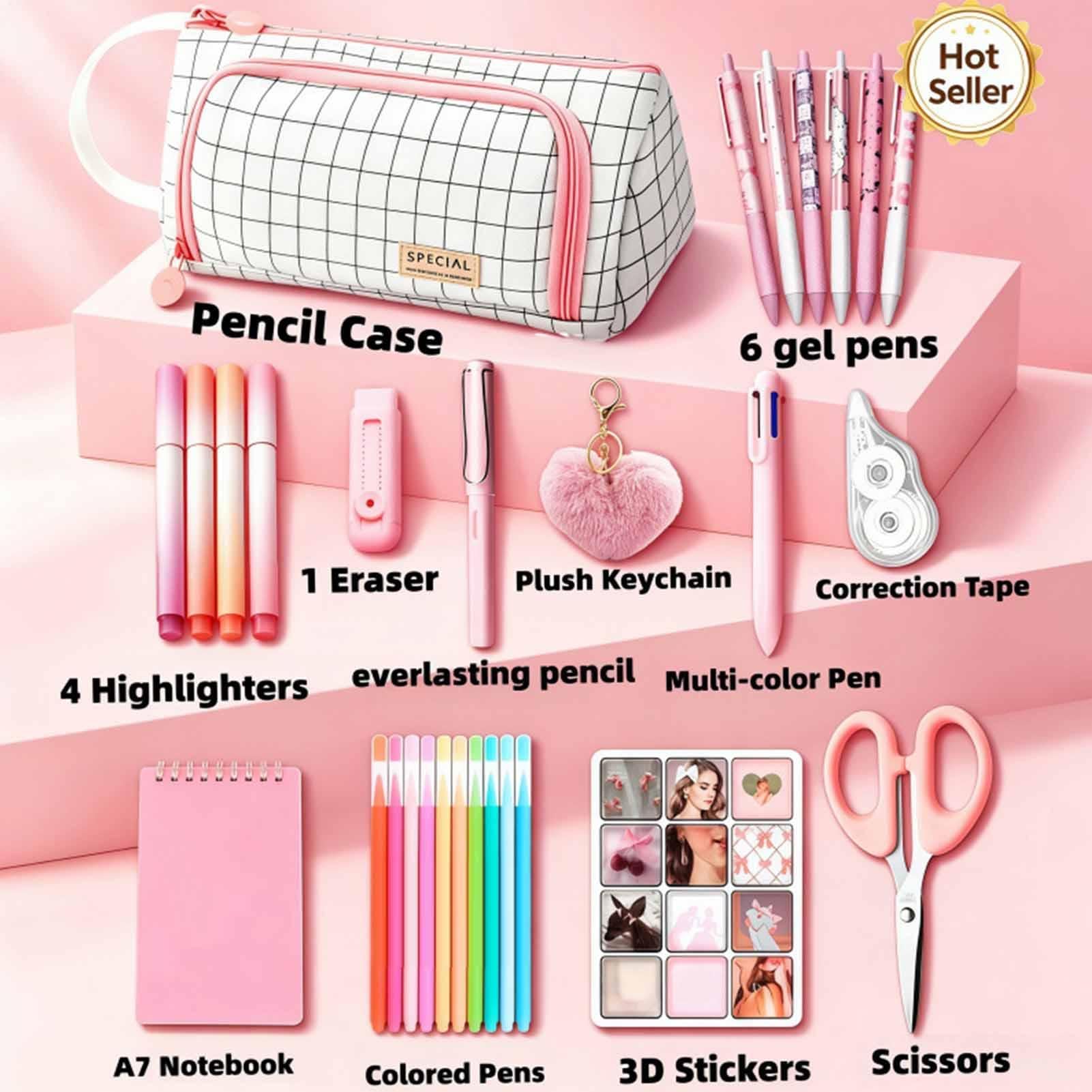 Kit Papeterie Boîte Esthétique À Capacité Généreuse avec 6 Stylos Gel | Trousse À Crayons Scolaire Pour Filles Adolescentes, Étudiantes, L'École, Le Collège Et Les Études