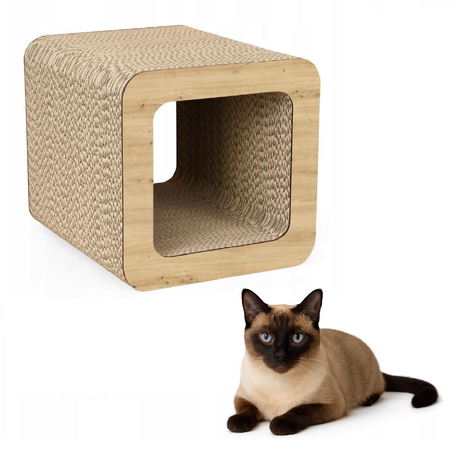QLS Katzenmöbel aus Wellpappe – 37×30×30 cm – Kratzbrett, Katzenhöhle & Liegeplatz, Sonoma Eiche