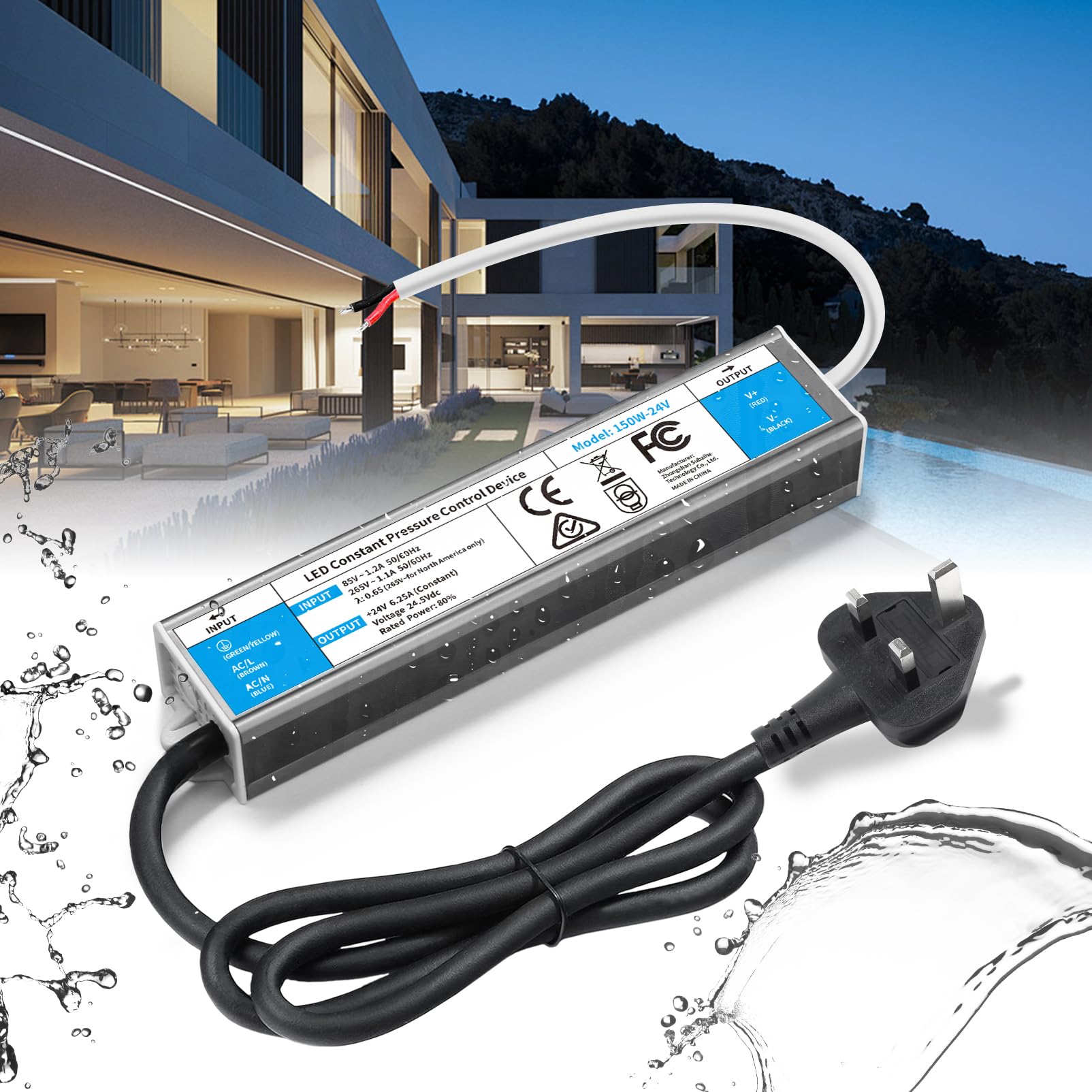 BRIMETI 24V LED Driver 150W LED Transformer Waterproof Outdoor IP67 AC 240V to DC 24V 6.25A Power Supply With Plug Constant Low Voltage Adapter for Strip Light Garden Shed Cabinet Light