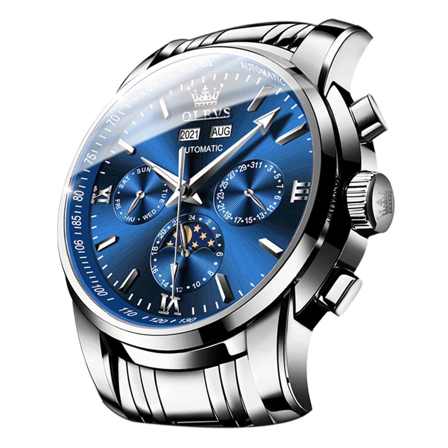 OLEVS Automatic Men Watch Self Winding Mechanical Luxury Dress Moon Phase Stainless Steel Waterproof Luminous Calendar Wrist Watch