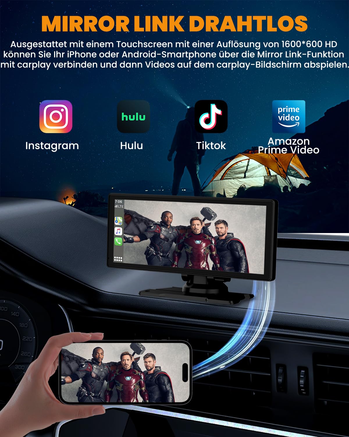 Carplay Display, 8.88" Apple Carplay, Android Auto Display mit 1080P HD Rückfahrkamera & Frontkamera, GPS Navigation, Freisprecheinrichtung, Mirror Link, FM, Einfacher Einbau