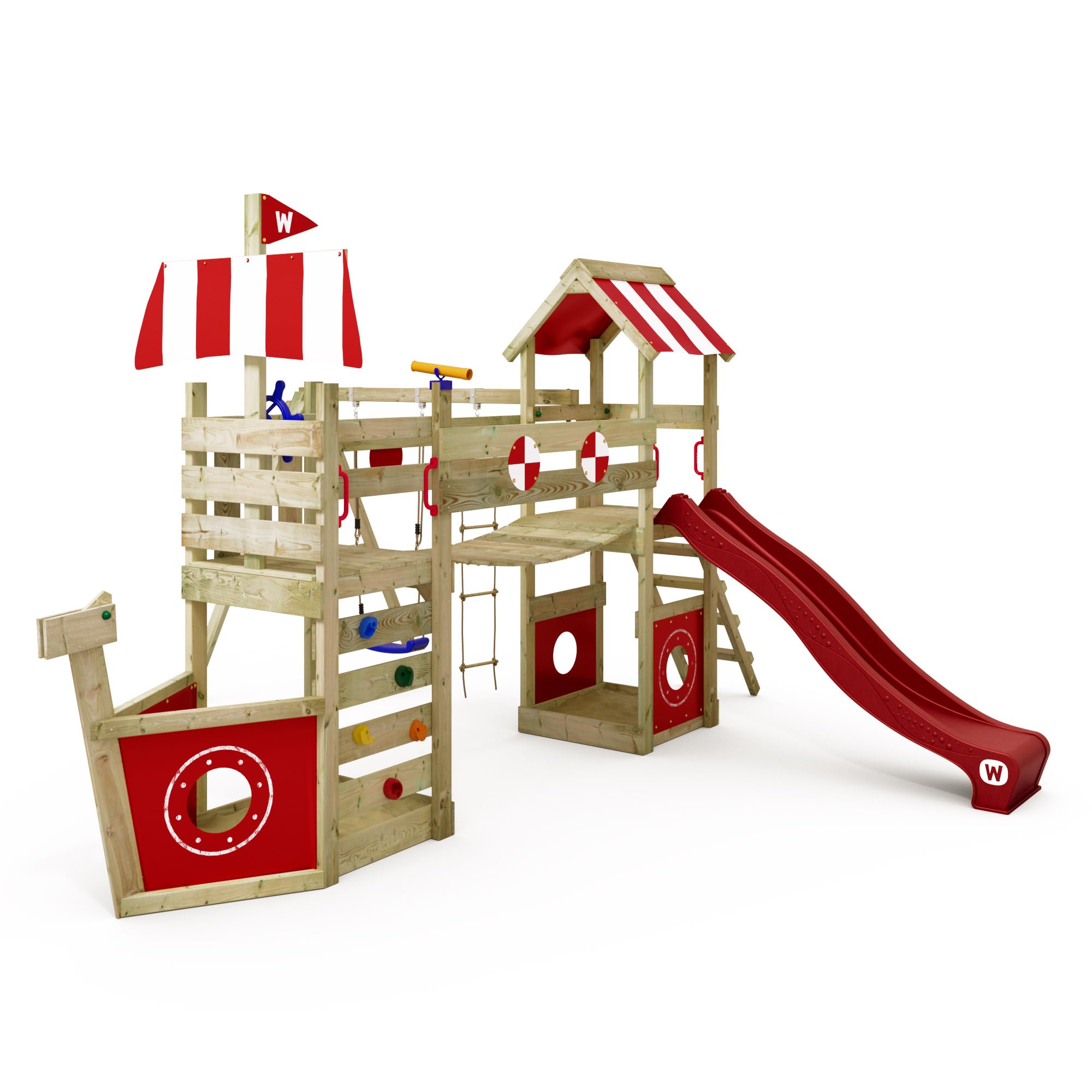 WICKEY Spielturm Klettergerüst StormFlyer mit Schaukel & Rutsche | Outdoor Kinder Kletterturm, Sandkasten, Leiter, Spiel-Zubehör für den Garten, rote Rutsche