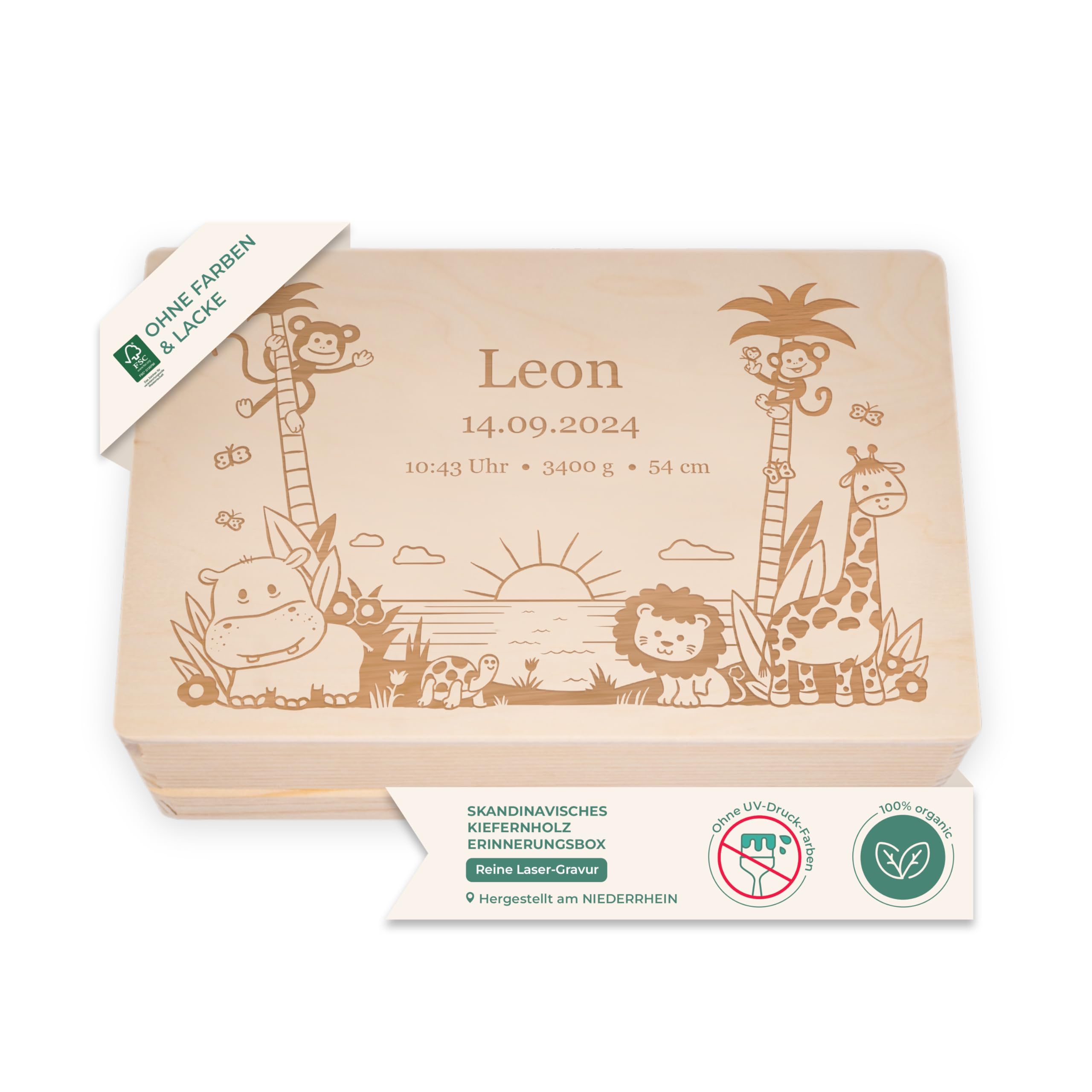 LAUBLUST Erinnerungsbox Baby Personalisiert - Geschenk zur Geburt mit Name | Dschungel - Kinder Erinnerungskiste Holz für Mädchen & Jungen | Holzkiste Natur & Weiß - FSC® (Größen S, M, L, XL)