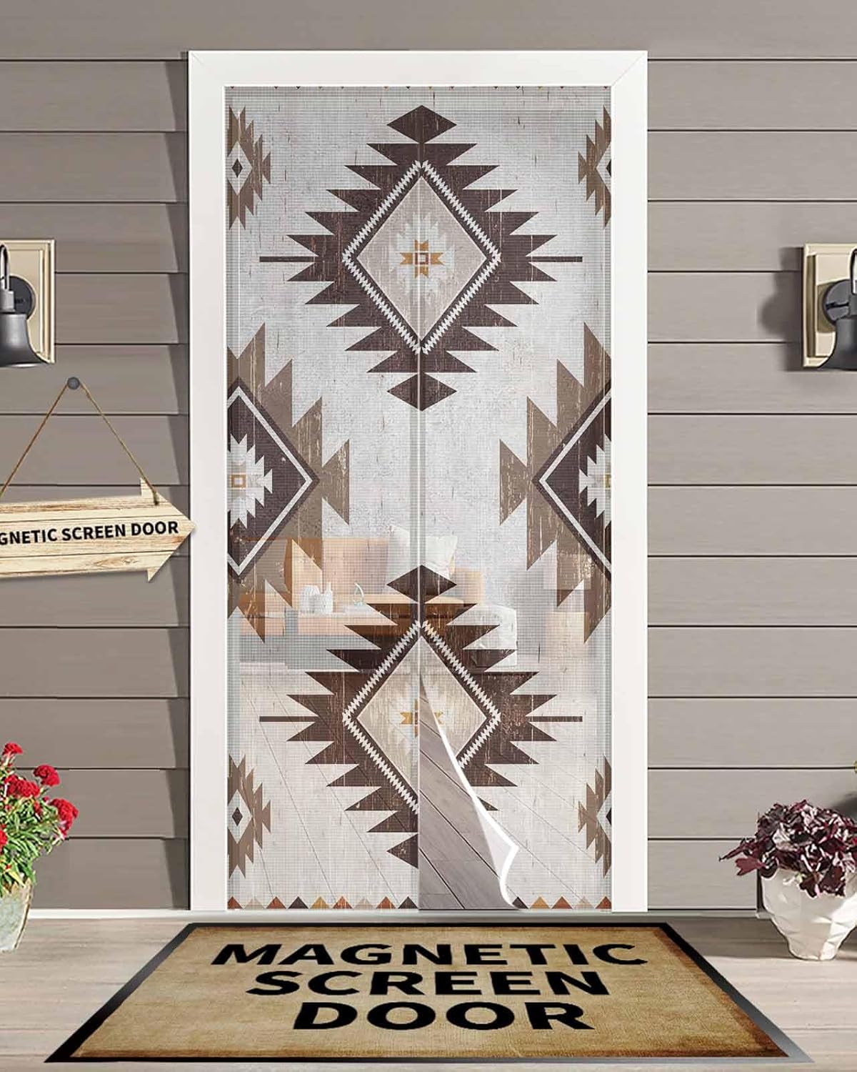 Brown Aztec Magnetic Screen Door, Southwest Boho Tribal Country Motifs Art Hands Free Screens Mesh Size 38" x 83", Reinforce Heavy Duty Mesh Screen Doors for Patio/Front/Sliding Door