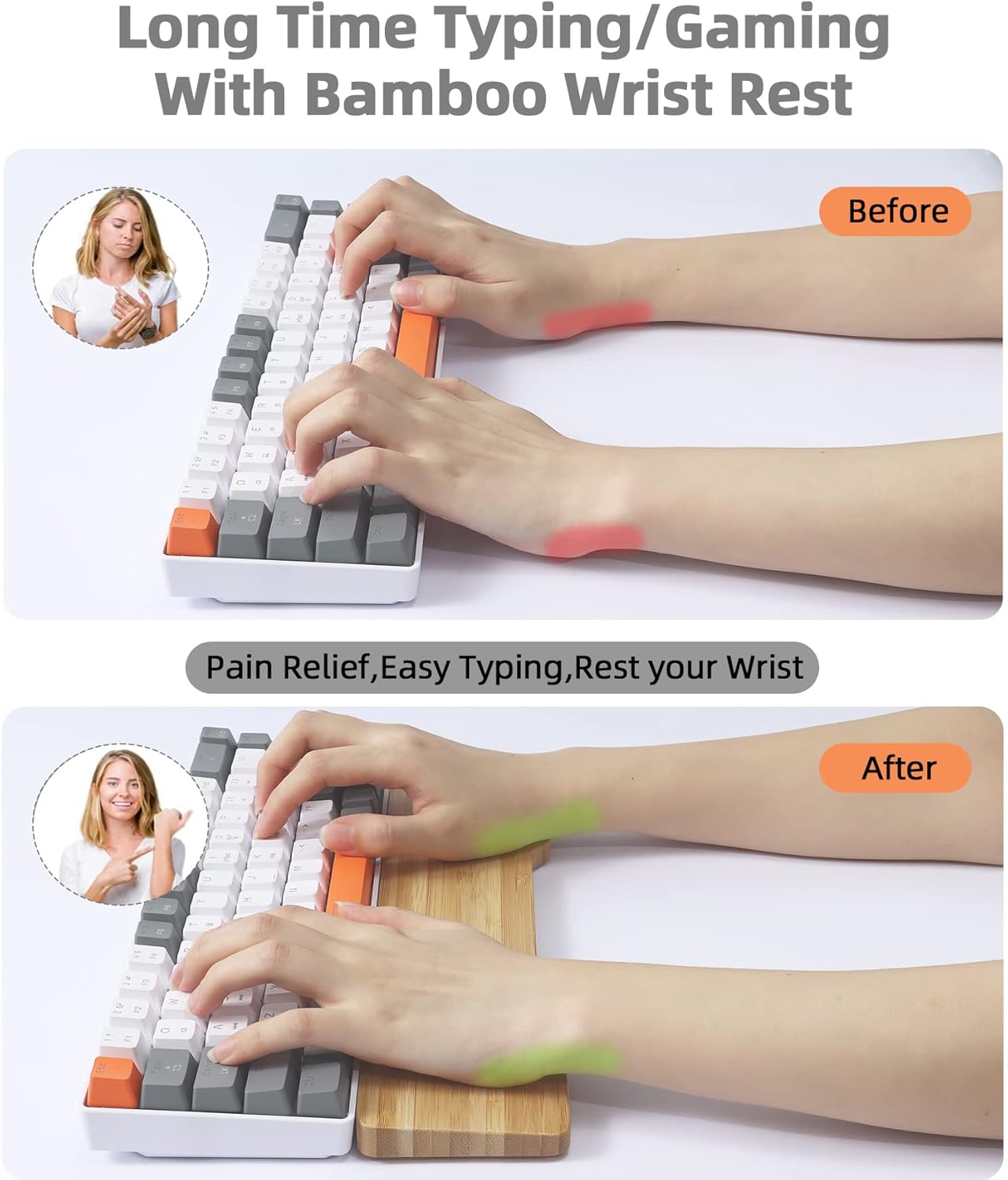Bamboo Keyboard Wrist Rest for Computer Keyboard, Ergonomic Mechanical Keyboard Wrist Rest, Hard Wrist Rest for and Pain Relief, Anti-Slip Keyboard Rest Pad for Laptop/PC Gaming/Mac (61-Key)