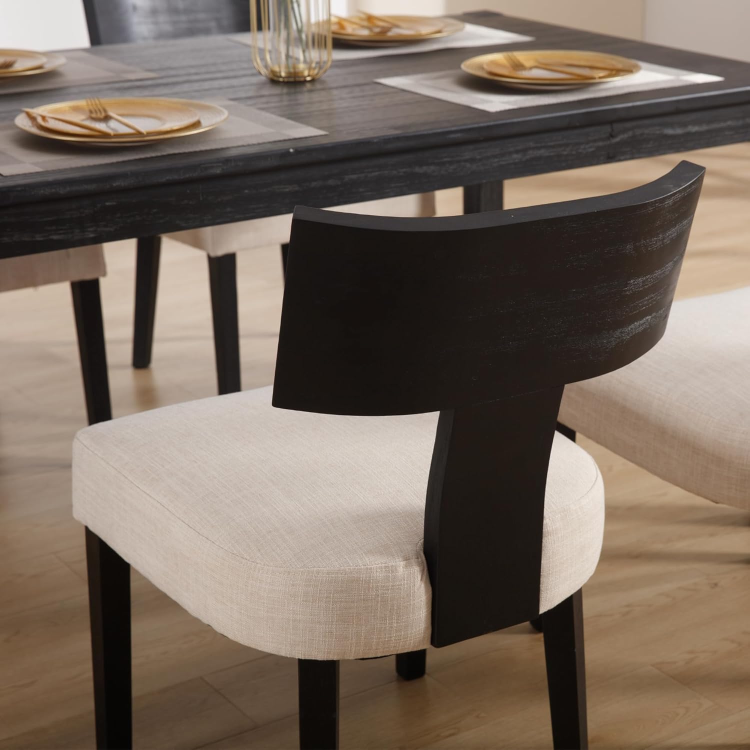 Farmhouse Dining Chairs Set of 4, Upholstered Black Wooden Chairs with T-Shape Back, Armless Kitchen Chairs Comfy Accent Chairs, Linen Beige