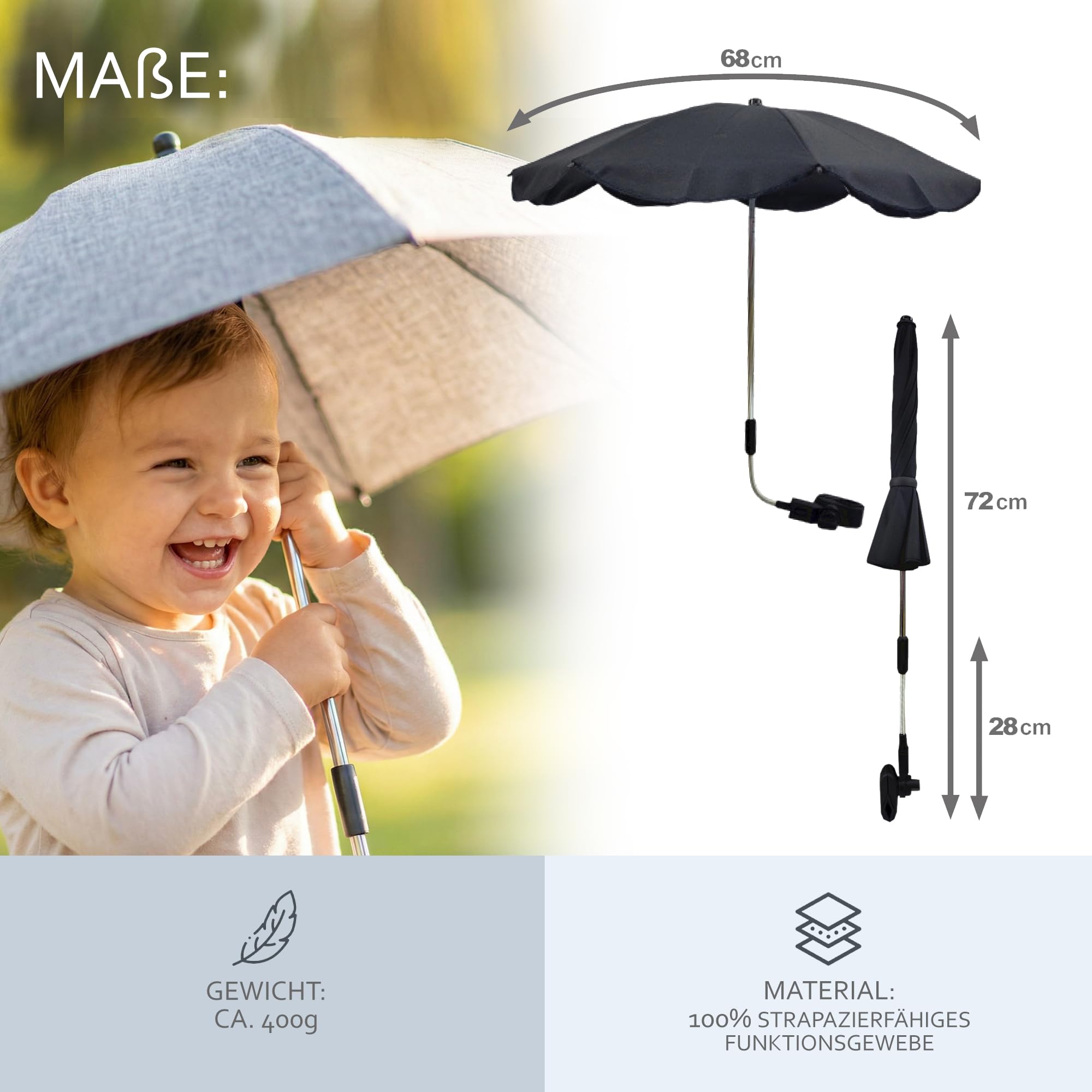 Sonnenschutz universal [Sonnenschirm für Kinderwagen] Buggy UV Schutz 50+ mit Universalhalterung biegsamer Schirm für Rund- und Ovalrohre verstellbar (meliert beige)