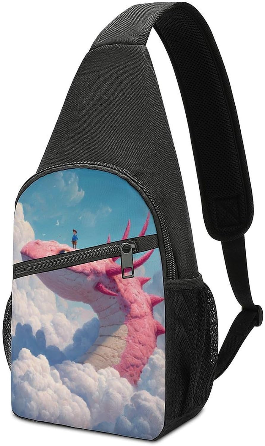 Strange Dragon Fantasy Axolotl Crossbody Sling Backpack Chest Bag Daypack | unisex,trendy,with convertible and detachable shoulder strap,side pockets