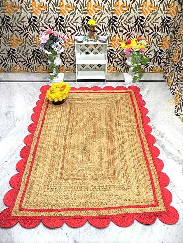 Aizza Trends Alfombra cuadrada de yute natural festoneado rojo y natural de 4 pies, tapete trenzado ecológico hecho a mano para sala de estar, dormitorio y entrada