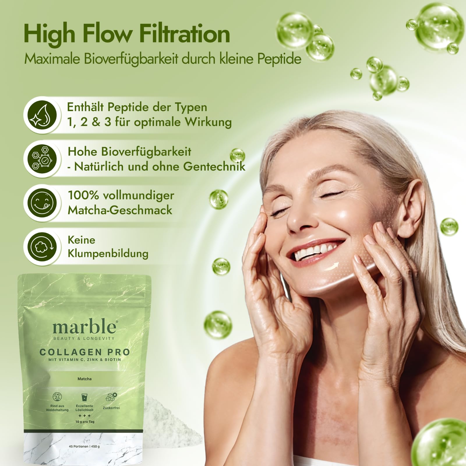 marble Collagene Polvere PRO 450 g – Collagene Polvere più Vitamina C, Zinco & Biotina – Collagene Peptide Skin Glow – 60 giorni senza rischi – Da salice con perfetta solubilità – Matcha