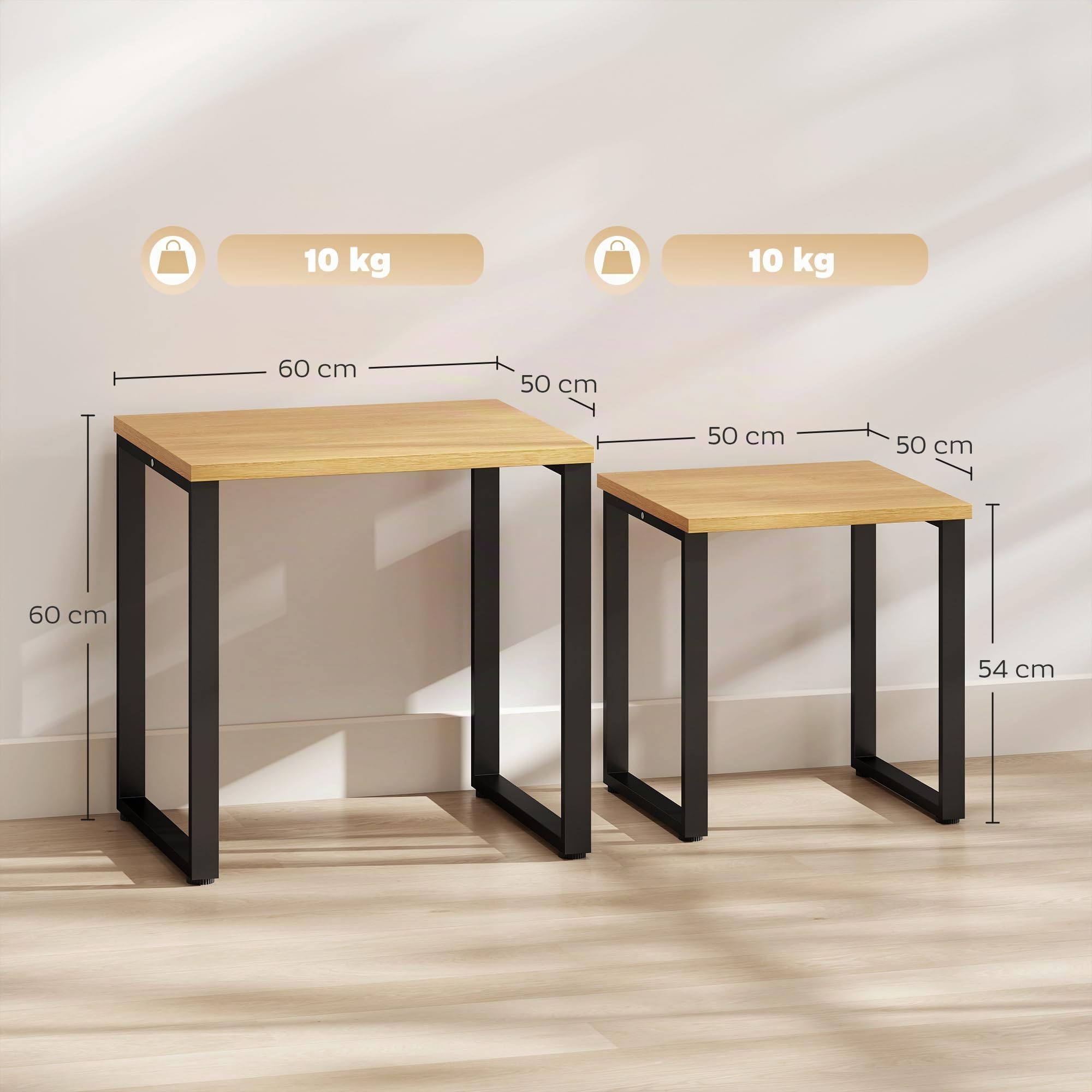 HOMCOM Couchtisch Satztisch mit Metallrahmen für Wohnzimmer Natur