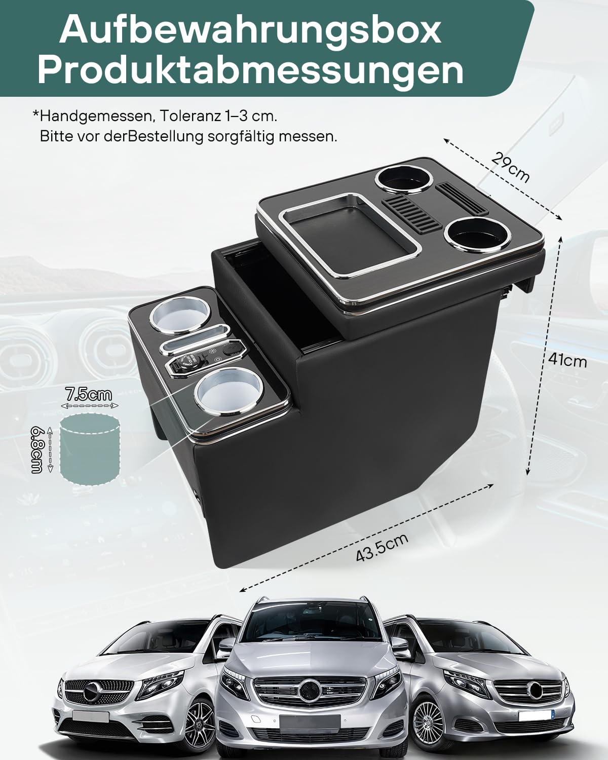 Mittelkonsole Auto Für V-Klasse V220 V250 V260 W447, Mittelkonsole Organizer Auto mit 7 Farben LED-Leuchten, USB und Getränkehalter, Mittelkonsole Box mit Mehrere Stauräume