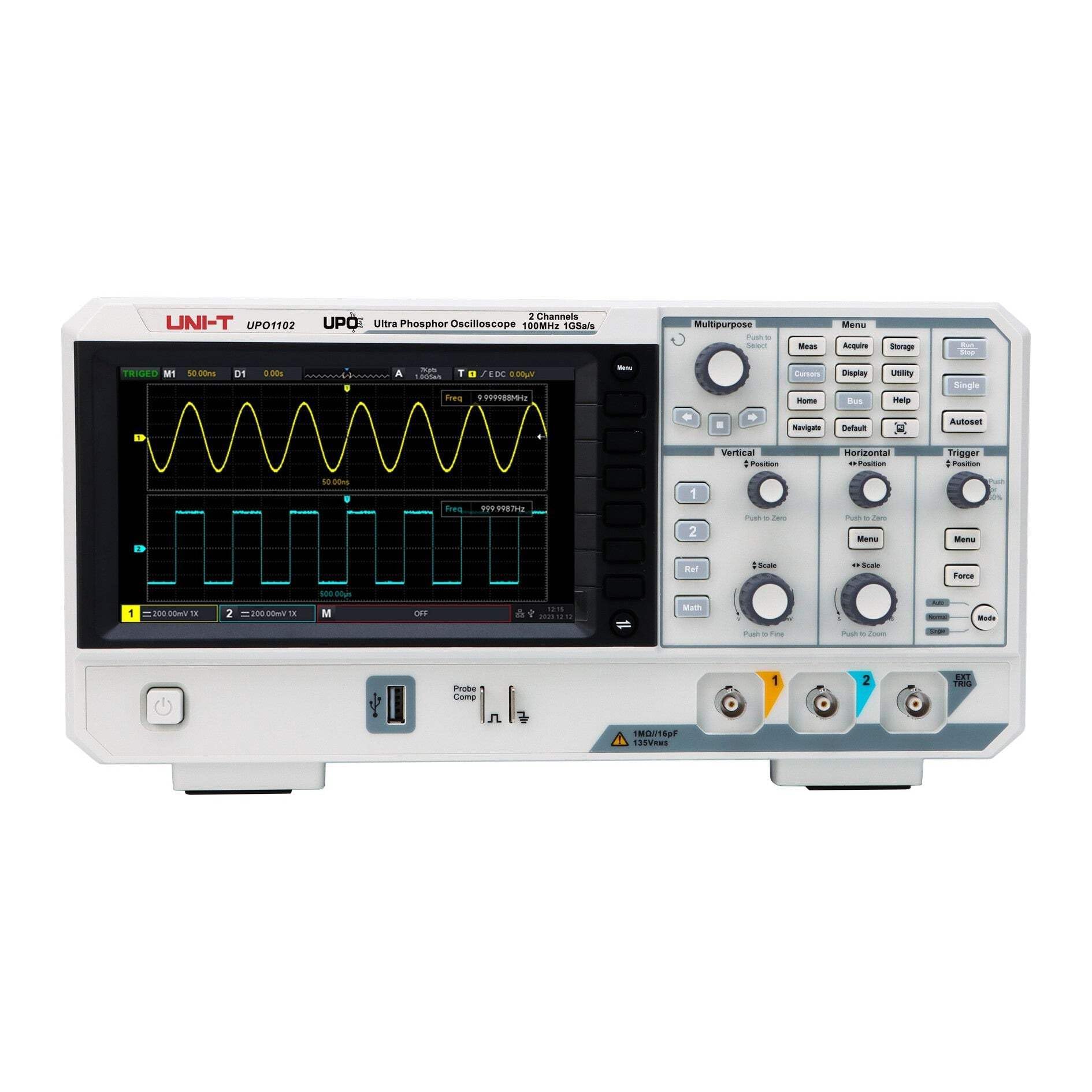 UNI-T UPO1102 Digitales Speicheroszilloskop, 100 MHz Bandbreite, 2 Kanäle, 1 GS/s Abtastrate, 56 Mpts Speichertiefe, 500.000 Wellenformen/s Erfassungsrate