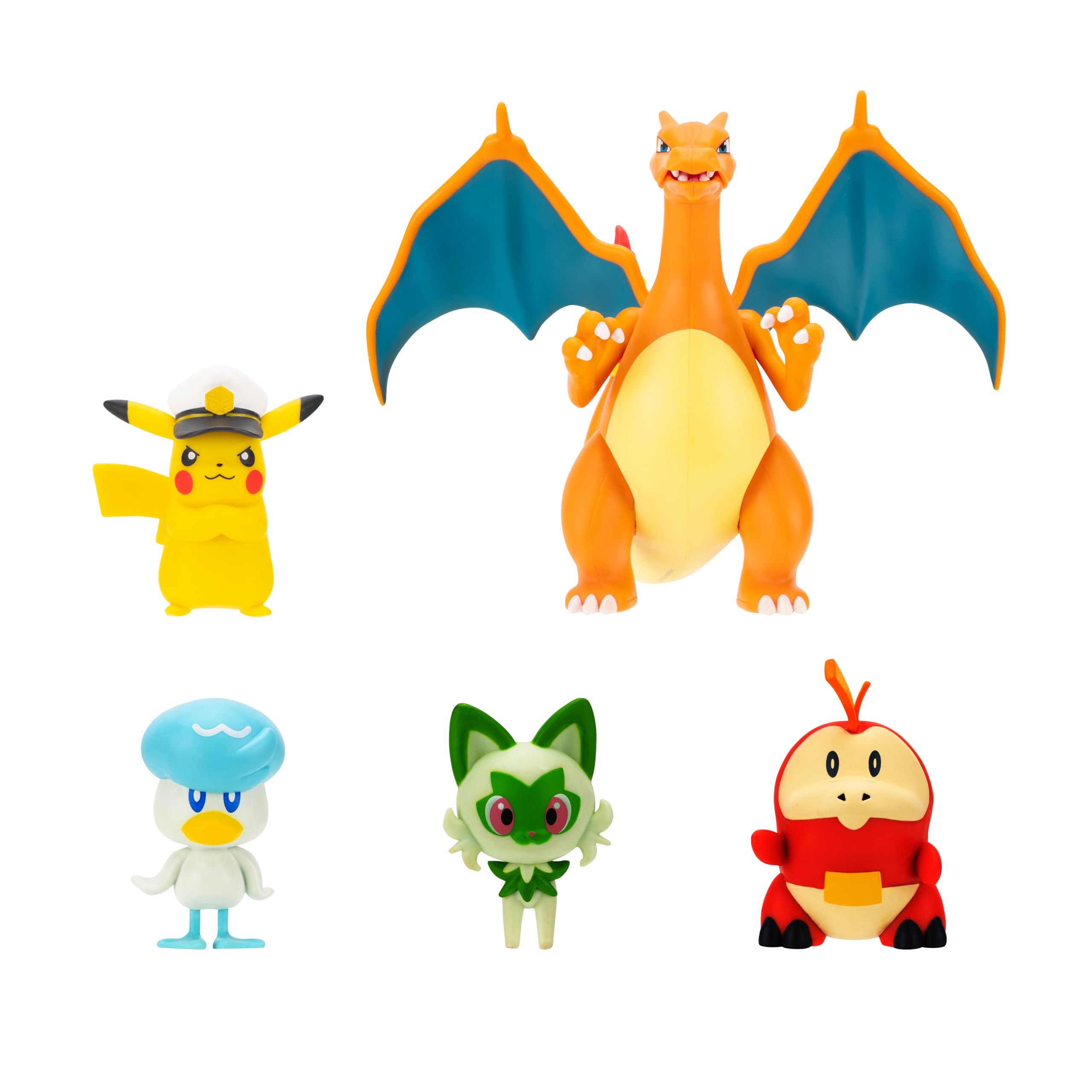 Pokémon Horizons Battle Figure Confezione da 5 pezzi – Include; Captain Pikachu, Sprigatito, Fuecoco, Quaxly, Charizard + 1 accessorio Fire Missilie – Official Pokemon Toy for Children 4+