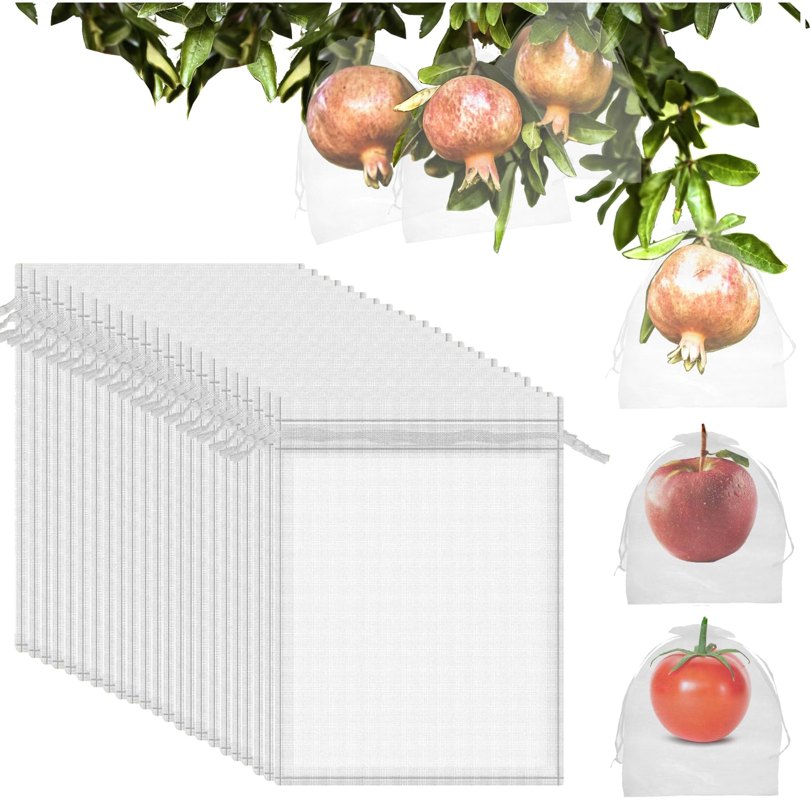 CHUOZI 110PCS Fruit Bags for Trees, 6''x8''Fruit Netting Drawstring Mesh Protection Pest Barrier for Plant Vegetables Flower(White)