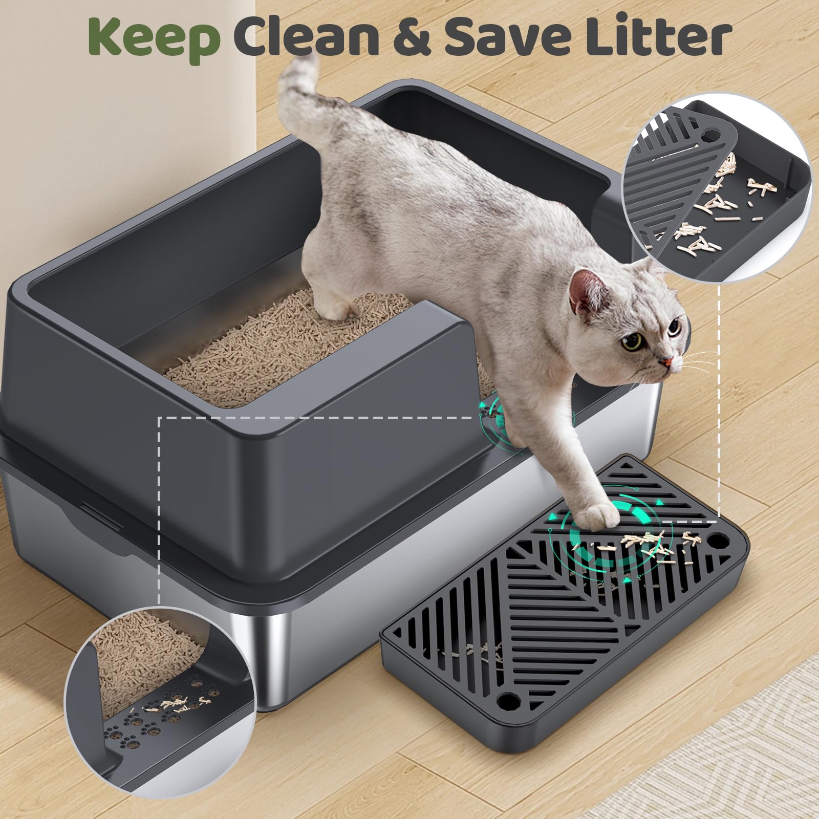 Gimars XL lettiera acciaio per gatti, vassoio in acciaio inox facile da pulire e senza odori, lettiera a prova di perdite con paletta e pedale