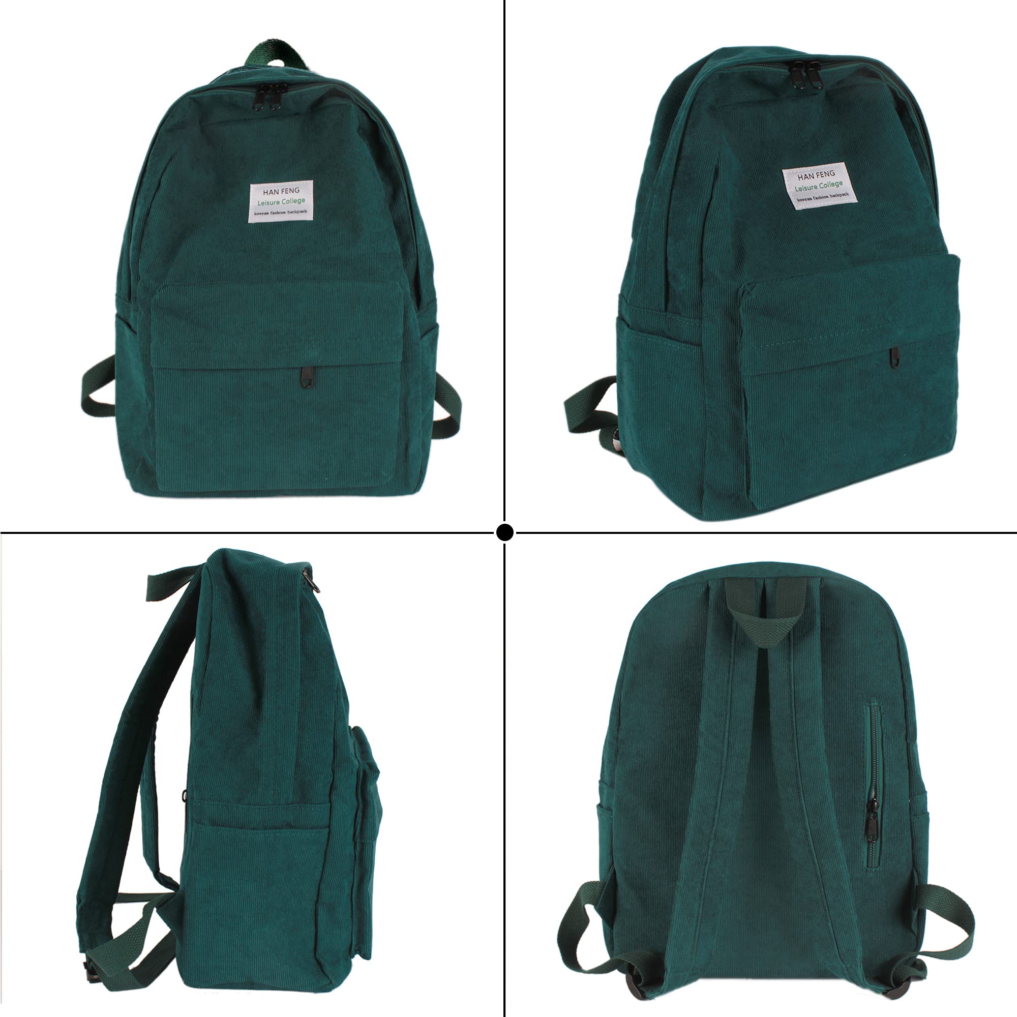 Van Caro Corduroy School Backpack Large College Backpack Casual Bookbag Laptop Backpack Computer Bag Travel Daypack for Girls Boys Teens,Black Green(no Pendant)