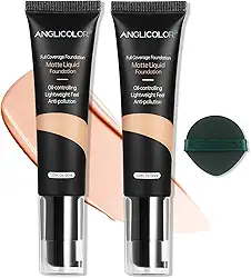 Anglicolor Base corretiva de controle de óleo fosco, 2 peças, maquiagem de base macia e duradoura à prova d'água, cobertura total, base de corretivo forte para pele oleosa com acne (2 peças 103, 60 ml