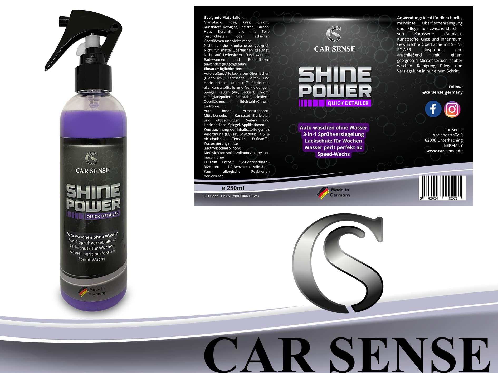 Car Sense SET Shine Power Quick Detailer Speed-Wachs 2x 0,25L 3 in 1 Autolack-Reiniger 1x Premium Spiegelglanz Auto Poliertuch 40x40 cm I Schnellversiegelung I Schnellglanz zum Sprühen I Lackpflege