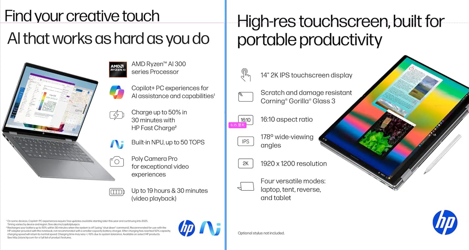 HP OmniBook X Flip 2-in-1 Laptop 14" WUXGA IPS Touchscreen 8-Core AMD Ryzen AI 7 350 24GB LPDDR5 1TB SSD AMD Radeon 860M Graphics Wi-Fi 6E Backlit Keyboard Win11 W/Stylus Pen