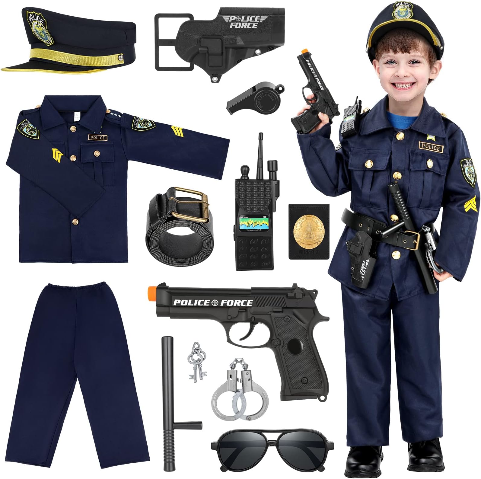 Luucio Police Officer Costume For Kids, Police Costume For Kids Boys Girls, Uniform Outfit For Halloween Dress Up Party, Role Play Kit For Boys Girls Age 3 4 5 6 7 8 9 10 11 12 - Polyester, Black