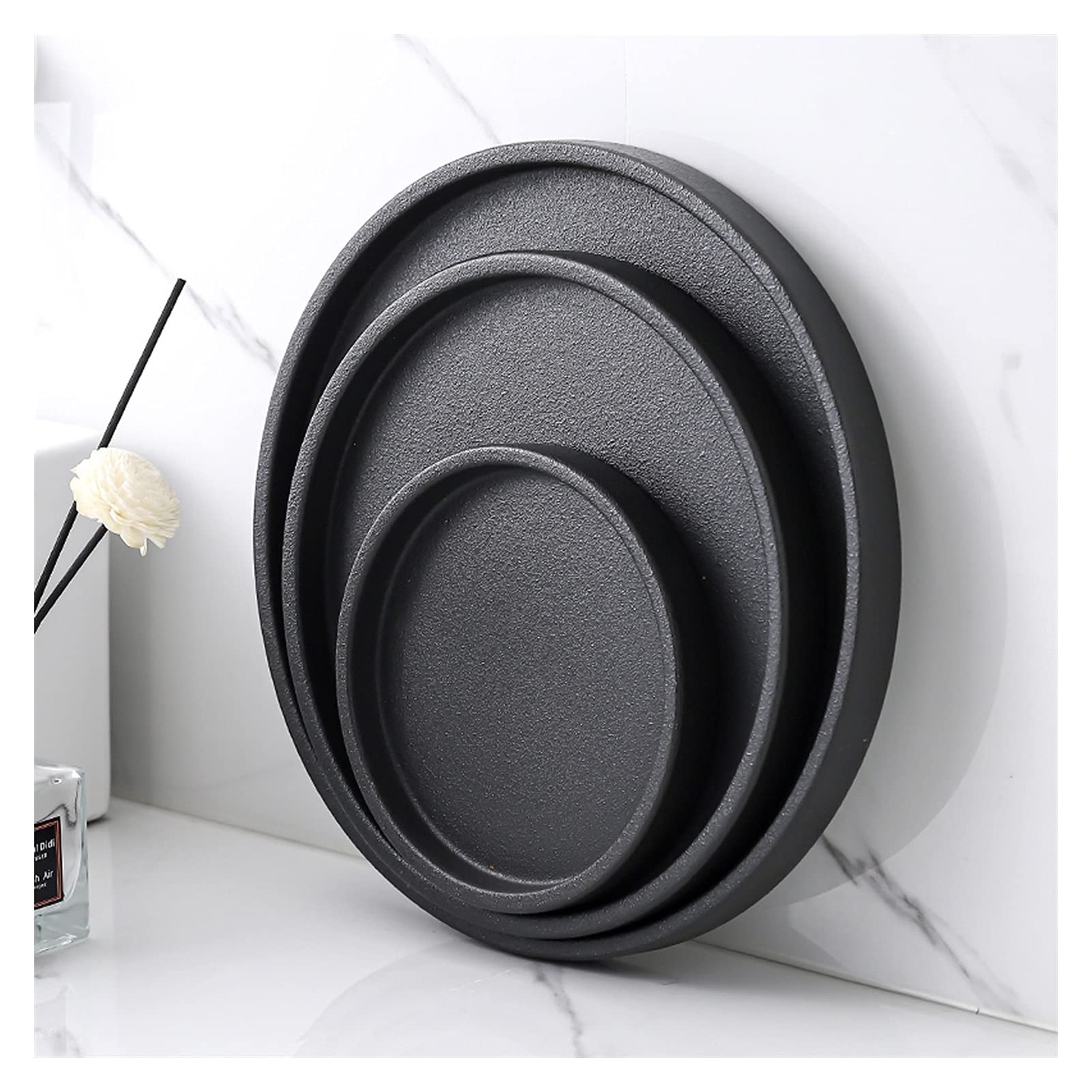 Juego de bandejas de servir negras de 3 piezas, bandejas redondas para encimera de cocina y baño, platos versátiles para fiestas, desayuno y decoración del hogar, diseño moderno