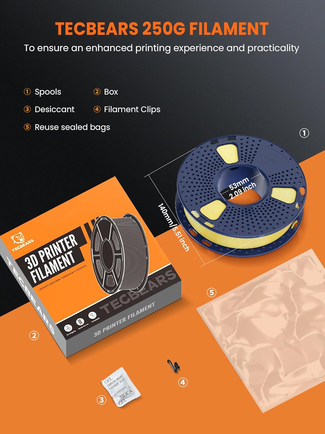 TECBEARS Translucent PLA 3D Printer Filament, PLA Filament Bundle, 0.25kg Each Spool, Total 2kg, 8 Packs, Black+White+Transparent (Red,Purple,Orange,Blue,Yellow,Green)