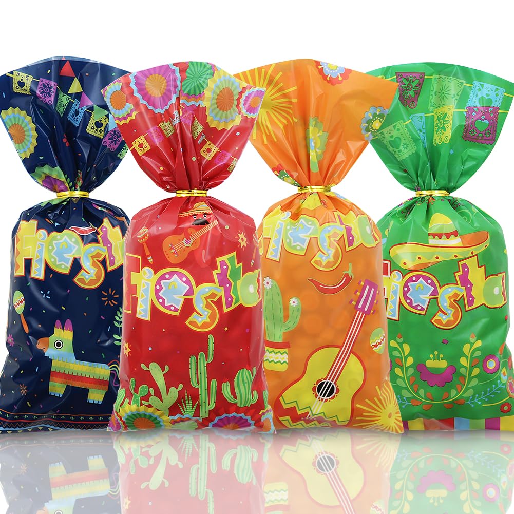 50 PCS Pieces Mexican Fiesta Party Treat Bags Cellophane Cinco De Mayo Party Favor Candy Cookies Goodie Snack Bags Cactus Taco Papel Picado Plastic Gift Bag with Twist Ties for Mexico Parties Supplies
