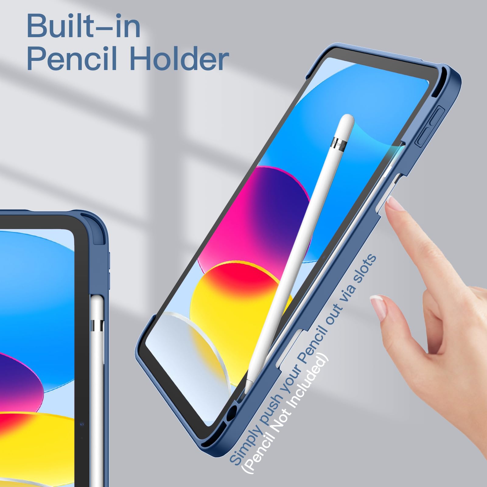 JETech Custodia per iPad 10 (10,9 Pollici, Modello 2022, 10ª Generazione) con Portapenne, Posteriore Chiaro Trasparente Supporto Sottile per Tablet Cover Antiurto (Navy)