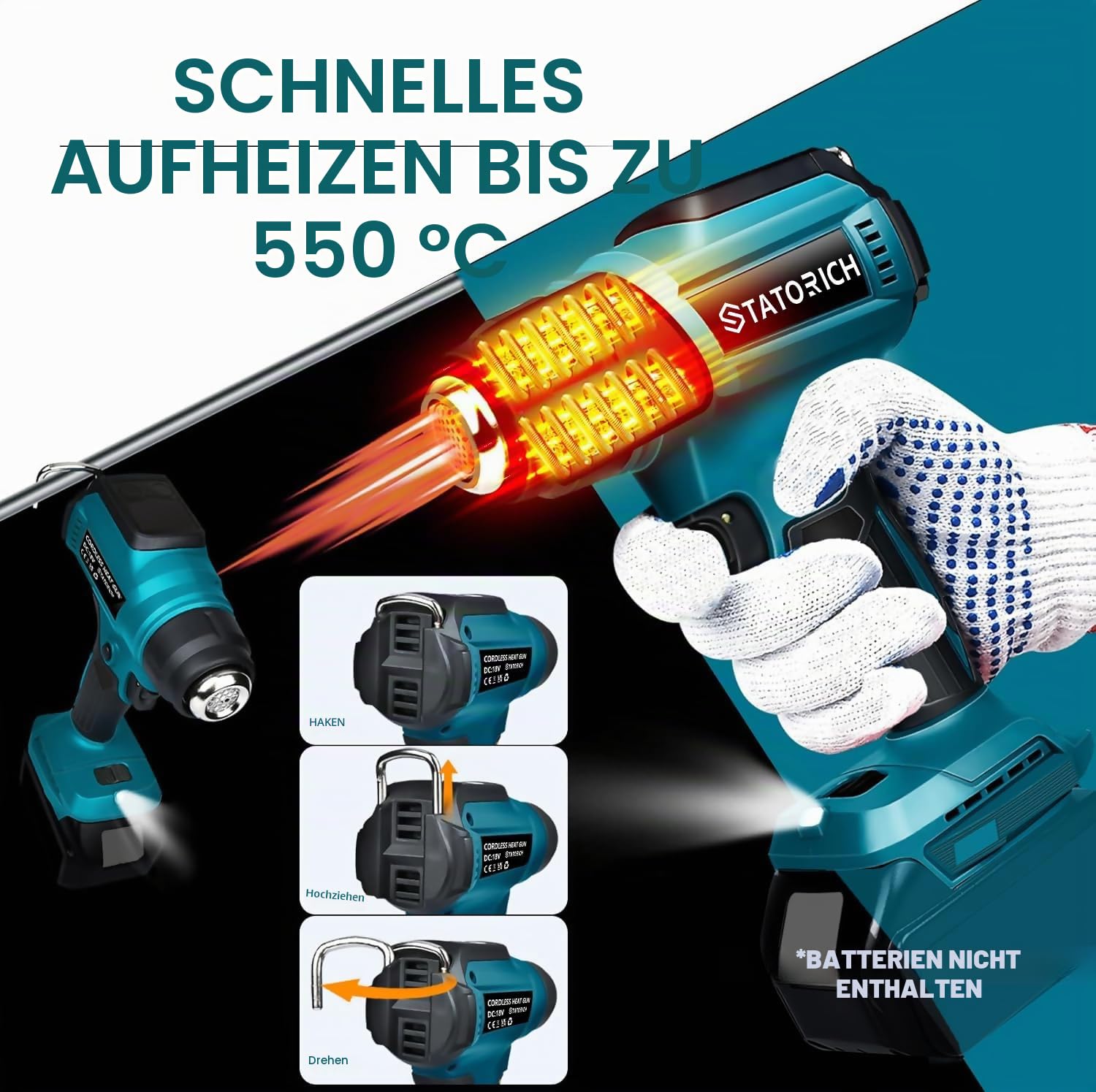 Akku Heißluftgebläse für Makita 18V, Manuelle Heißluftpistole mit Digitalem LCD-Lichter, 50 °C - 550 °C & Luftkontroll für DIY, Basteln, Abziehen(Ohne Akku)