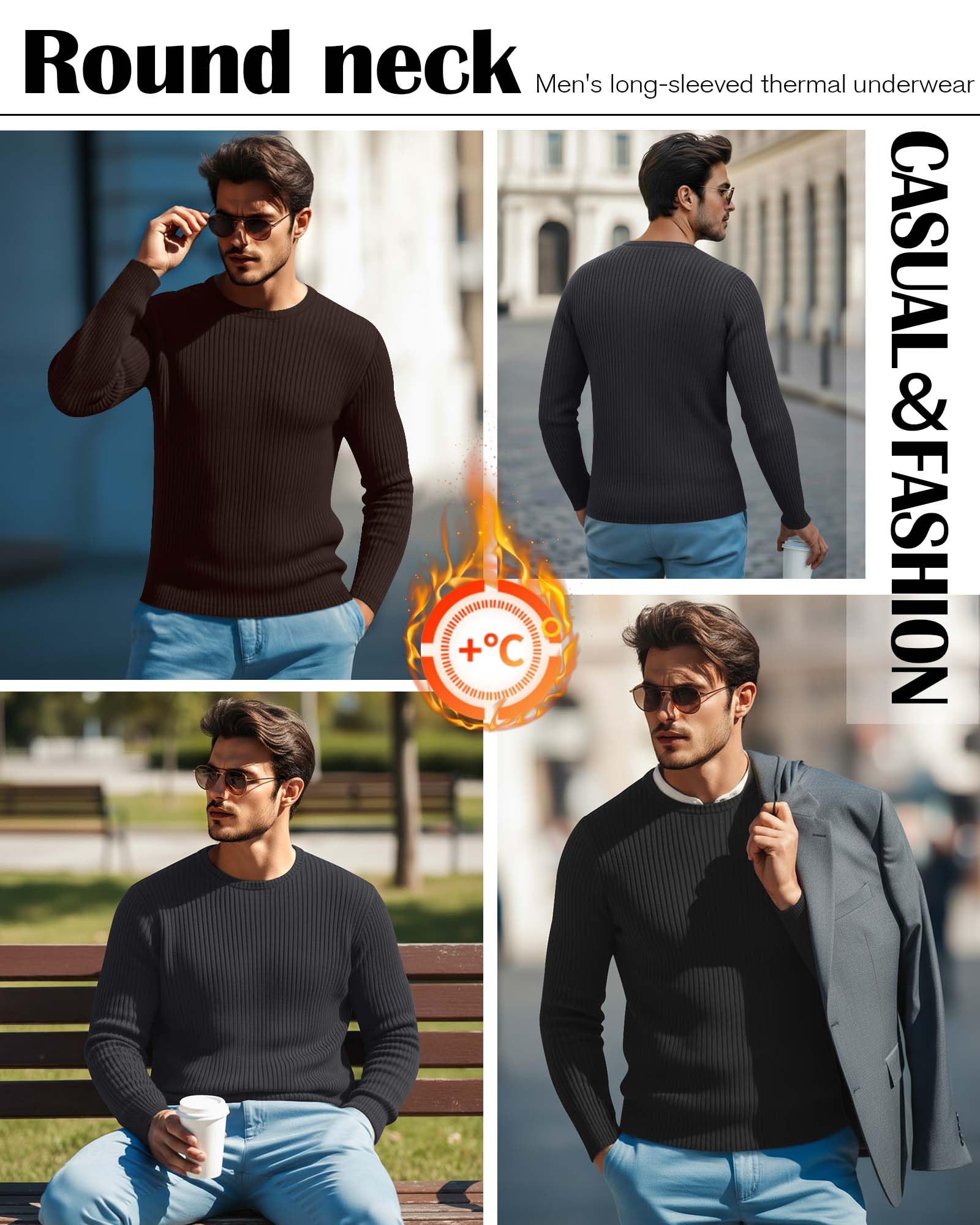 Riyiper Confezione da 3 Maglie Termiche a Costine da Uomo Girocollo Manica Lunga Canottiera Intima Invernale Slim Basic