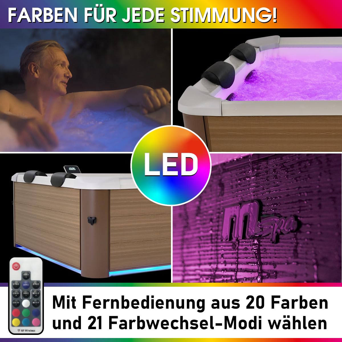 BRAST Whirlpool MSpa Oslo Amber mit Fester Außenwand | LED-Beleuchtung in 20 Farben für 6 Personen | 160x160x65cm | 120 Massagedüsen | Ganzjähriger Einsatz Winterfest | In & Outdoor Pool