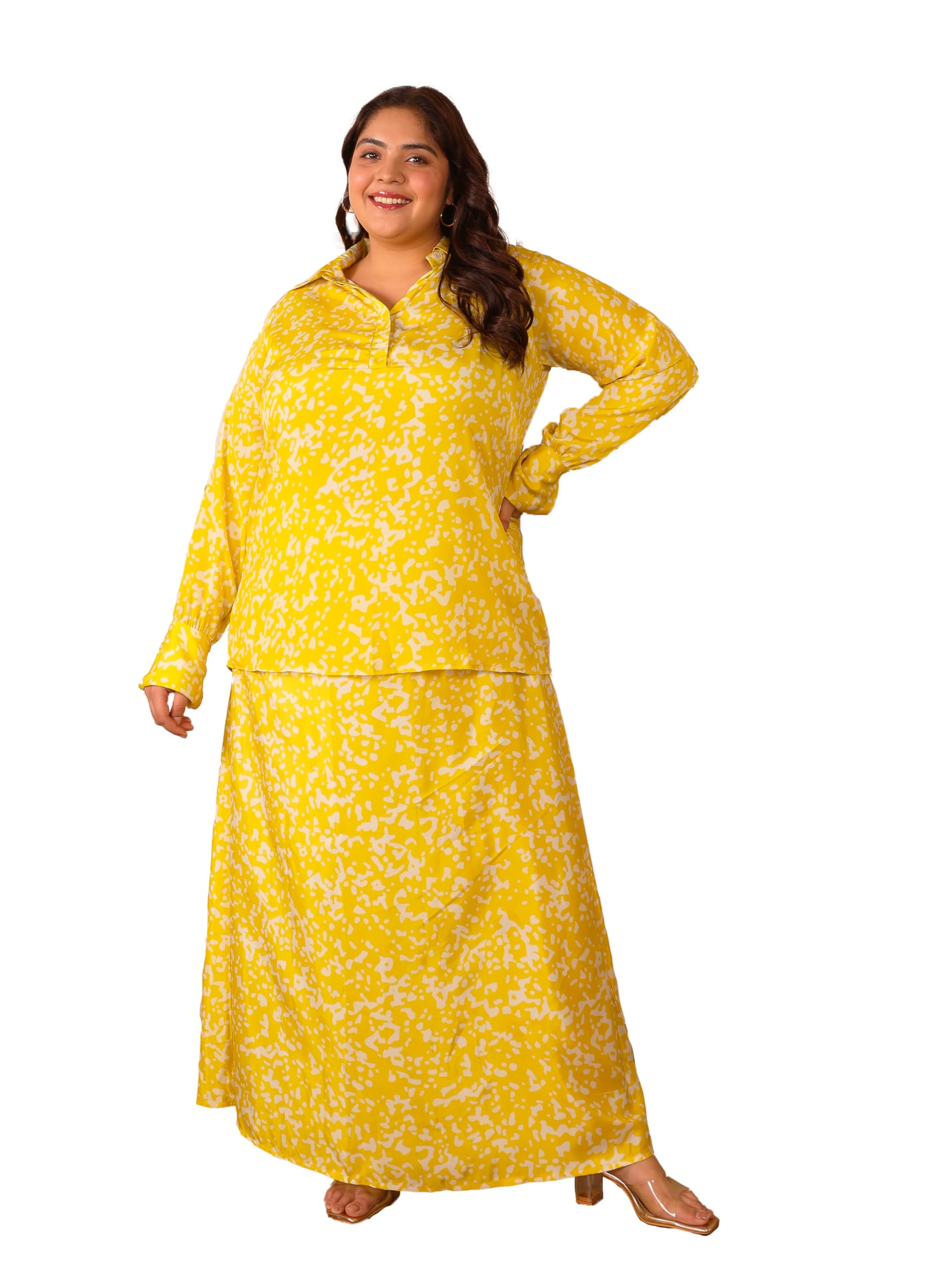 Women's Plus Size Abstract Printed Satin Skirt and Shirt Co-Ord Set (XL to 7XL)