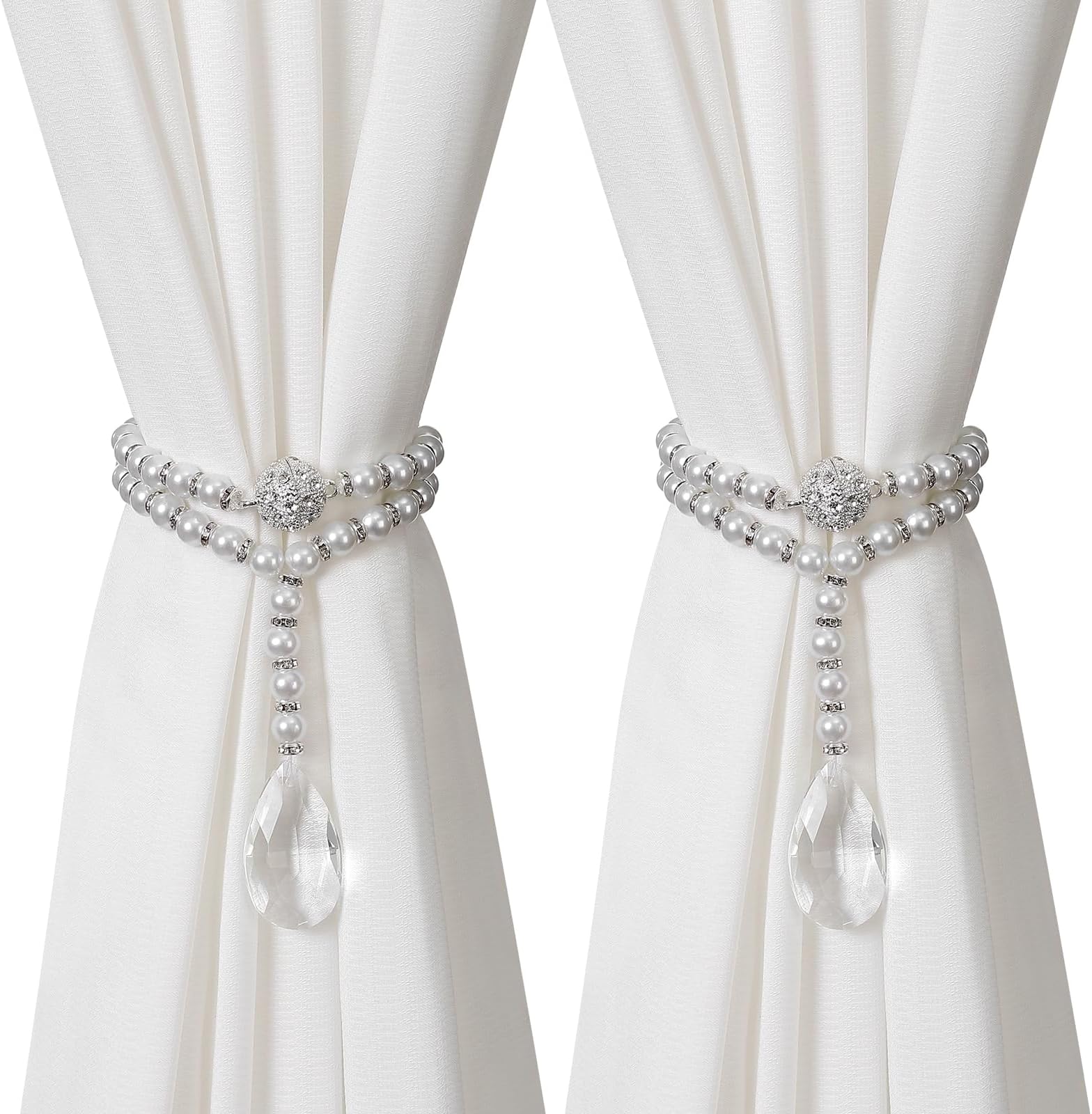 SUQ I OME 1 Pair of Luxury Pearl Beaded Magnetic Curtain Tieback and Holdback Curtain Clips Curtain Buckle Curtain Holder Blingbling Curtain Holdbacks for Drapes,Pearl