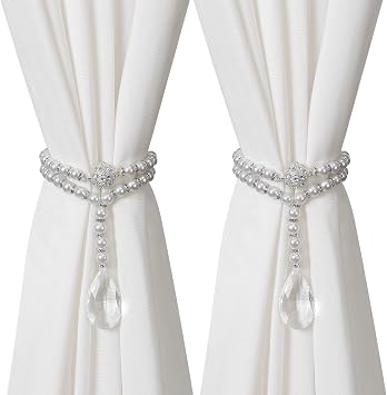 SUQ I OME 1 Pair of Luxury Pearl Beaded Magnetic Curtain Tieback and Holdback Curtain Clips Curtain Buckle Curtain Holder Blingbling Curtain Holdbacks for Drapes,Pearl | crystal pearl beaded Holdback Curtain Clips, Curtain Buckle, Curtain Holder, Blingbling, For Drapes