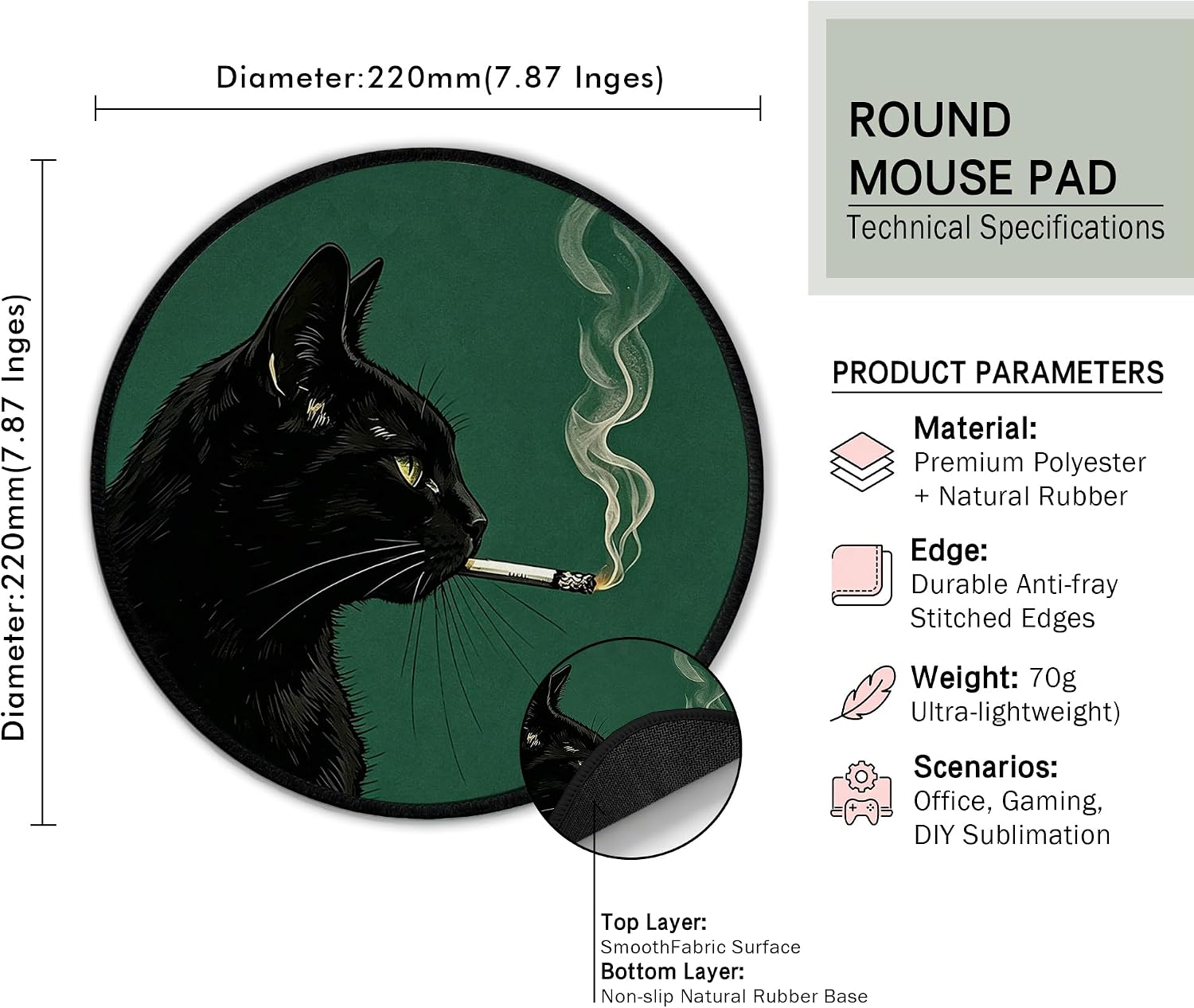 Funny Black Cat Smoking a Cigarette Mini Green Round Mouse Pad 8.6x8.6in image 2
