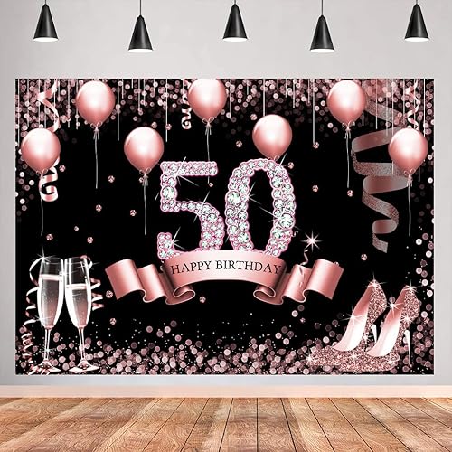 Miniatura 5 de Sensfun Telón de fondo de oro rosa con la frase "Happy 50th Birthday" para mujer, globos de diamantes con purpurina, tacones altos, fondo de