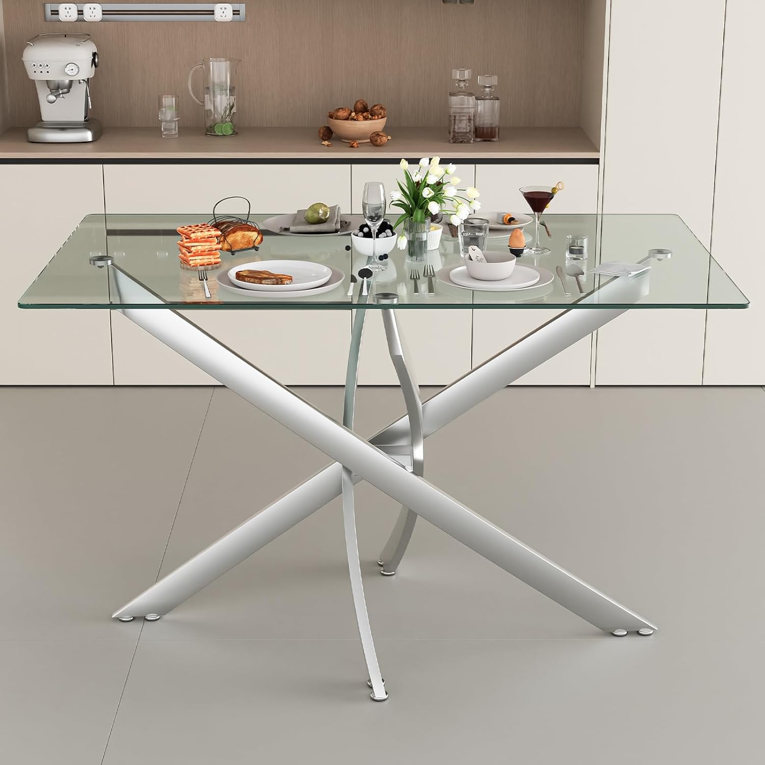 47.24 Inch Glass Dining Table, Rectangular Kitchen Glass Table for 4 People, Modern Dining Room Table for Dinner Kitchen Dining Room(Silver)