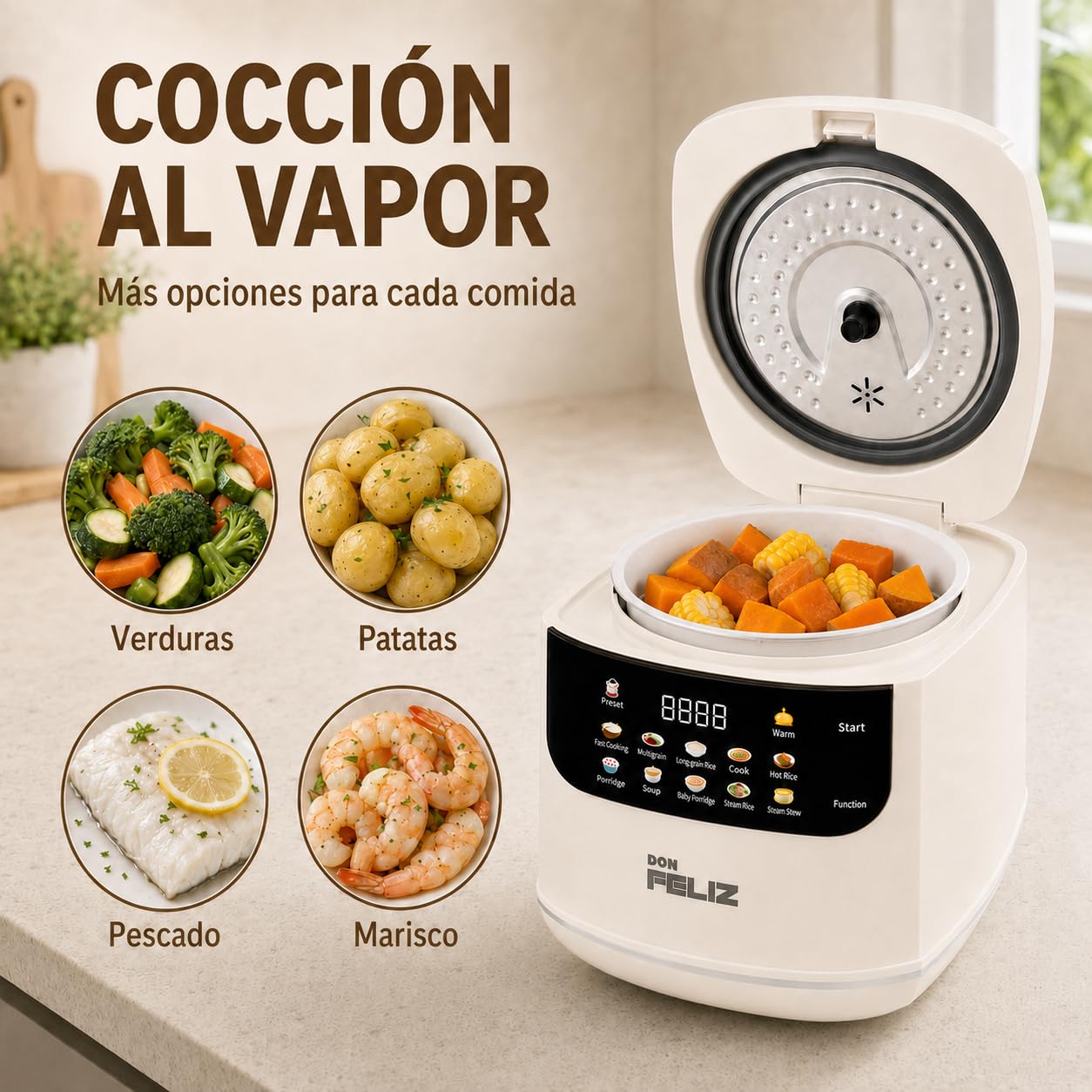 Don Feliz Arrocera Eléctrica 2 L para 1-4 Personas, Olla Arrocera Digital con 10 Programas, Cesta Vaporera, Temporizador 24 h, Mantener Caliente y Recipiente Antiadherente
