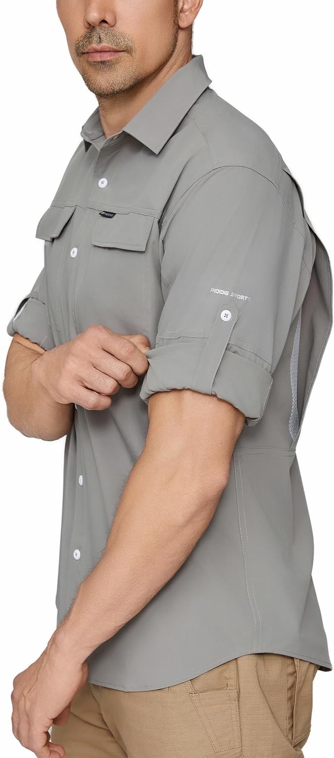PIQIDIG Men's Long Sleeve Sun Protection Shirts UPF 50+ Quick Dry Button Down Shirts Hiking Fishing Camping Travel Work