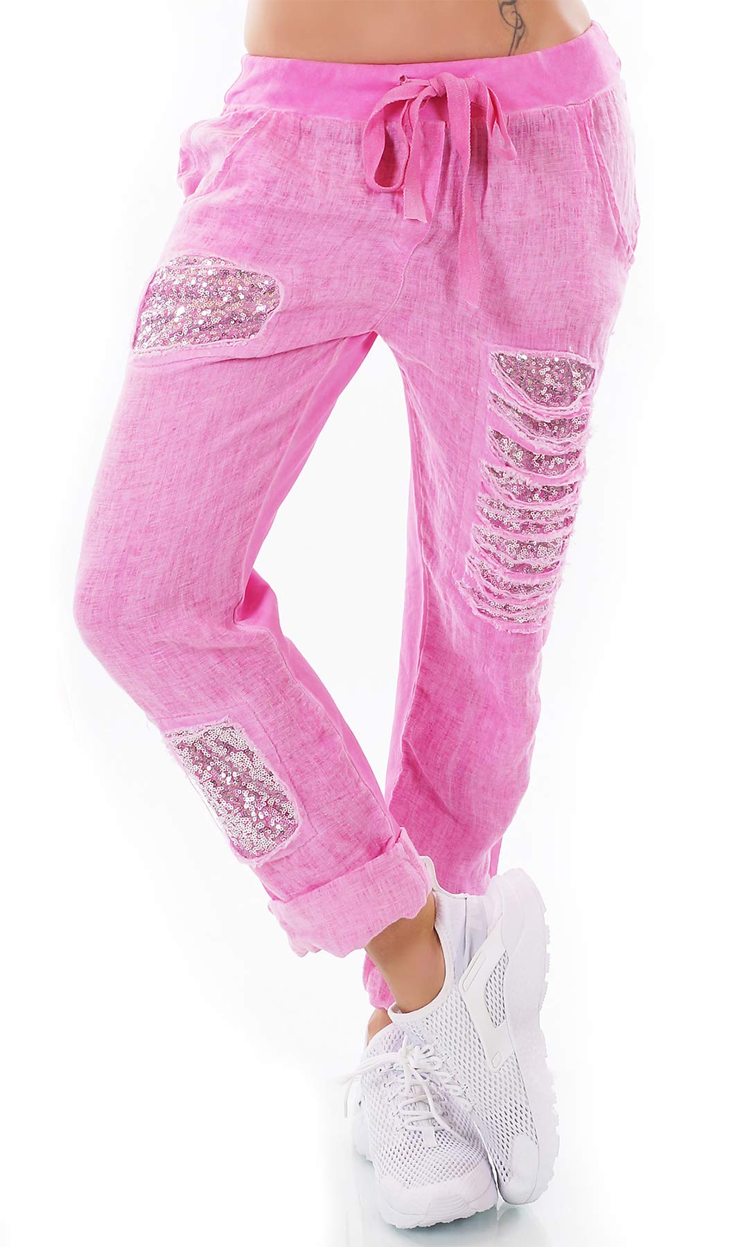 xy Damen Italien Hose Leinen Jogpants Mix Baggy Boyfriend Fetzen Pailletten 36-40 One Size