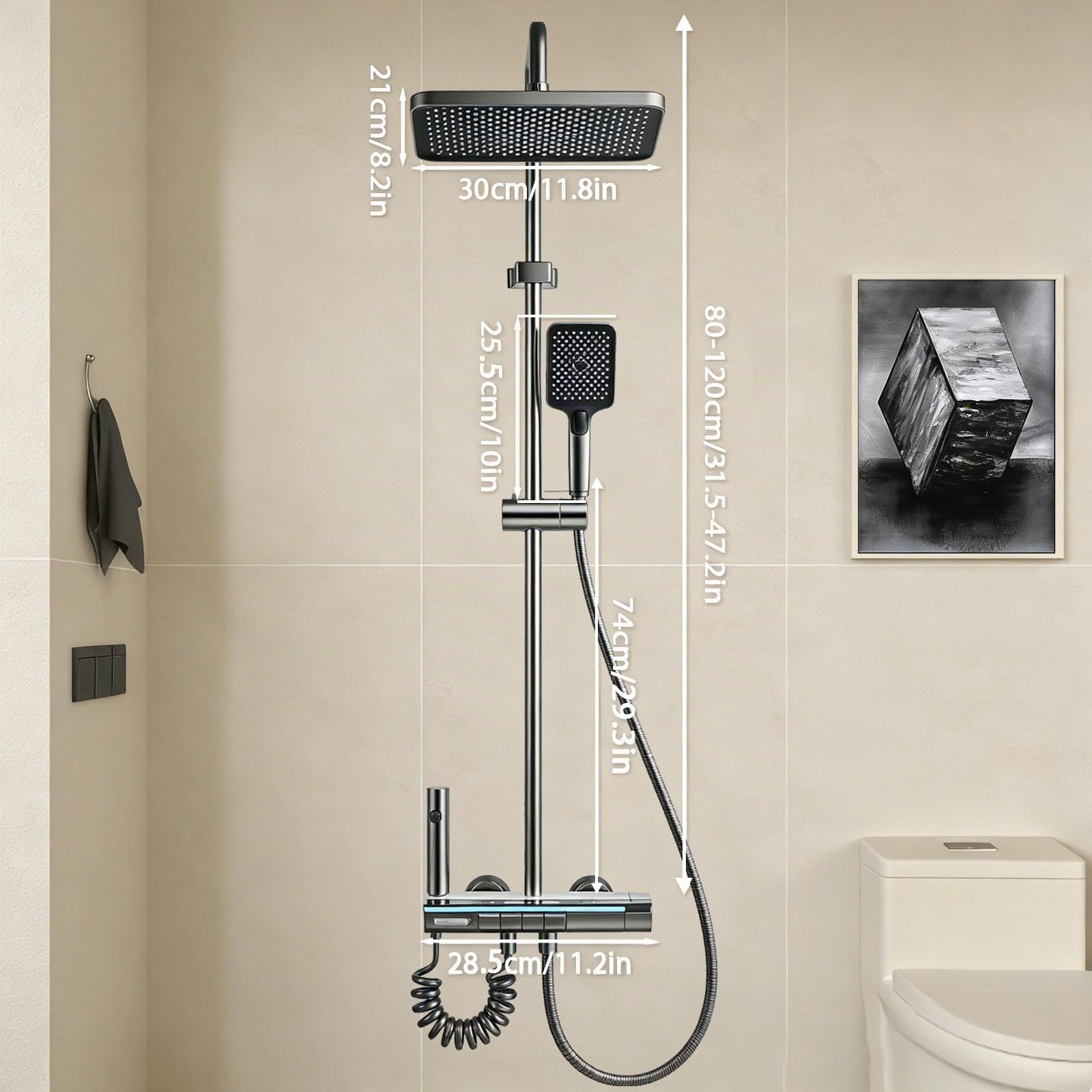 Colonne de Douche Thermostatique Titanium 4 en 1 | Colonne de Douche avec Mitigeur | Écran LED | Effet Pluie 30cm | Hauteur Réglable 83-110cm, pour Baignoire et Salle de Bain