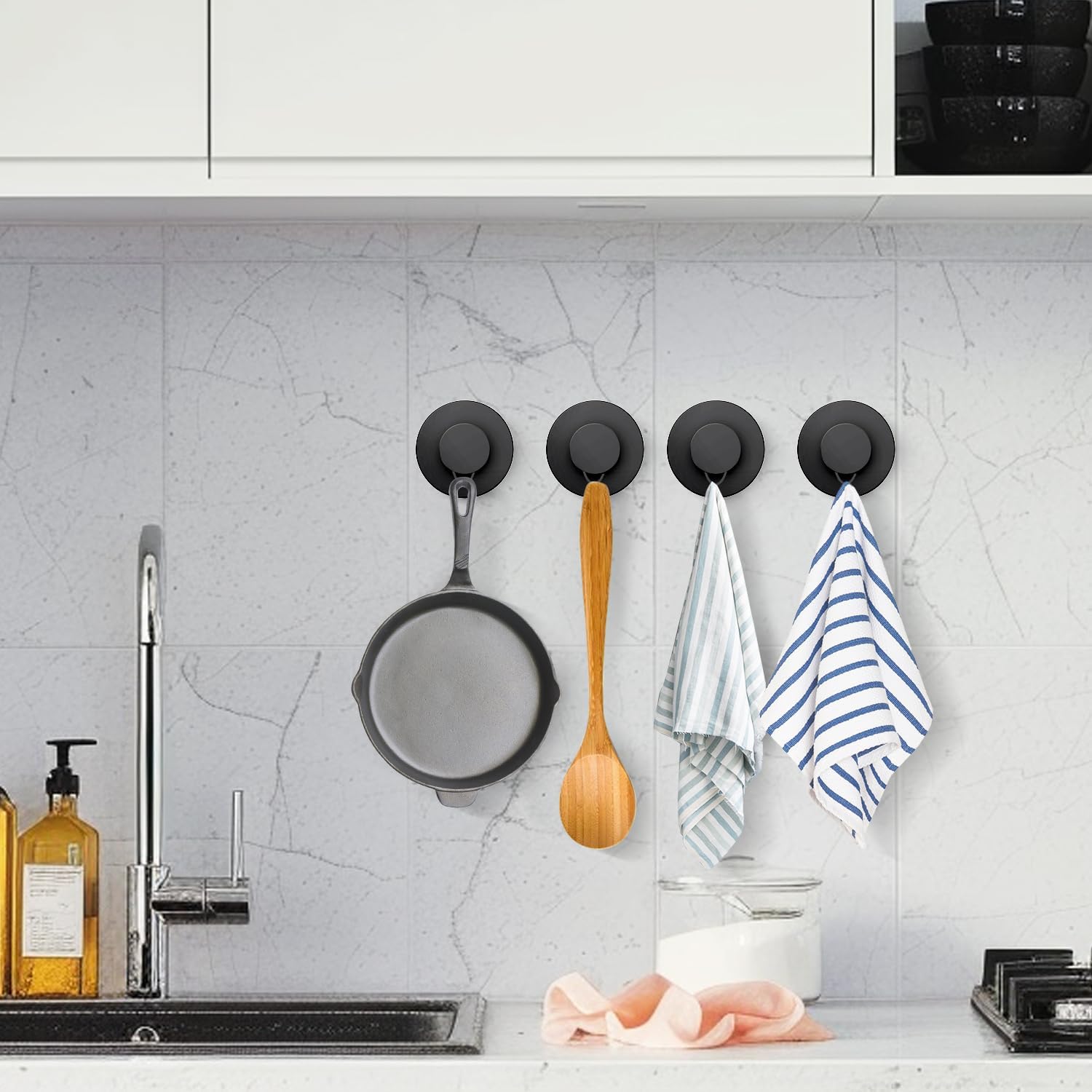 Adhesive Suction Cup Hooks, 15lbs Heavy Duty Black Towel Hooks for Bathroom, Waterproof Stainless Steel Bath Towel Hooks, Punch-Free Hooks for Shower, Towels, Bath Sponge, Robes (2 Pack)