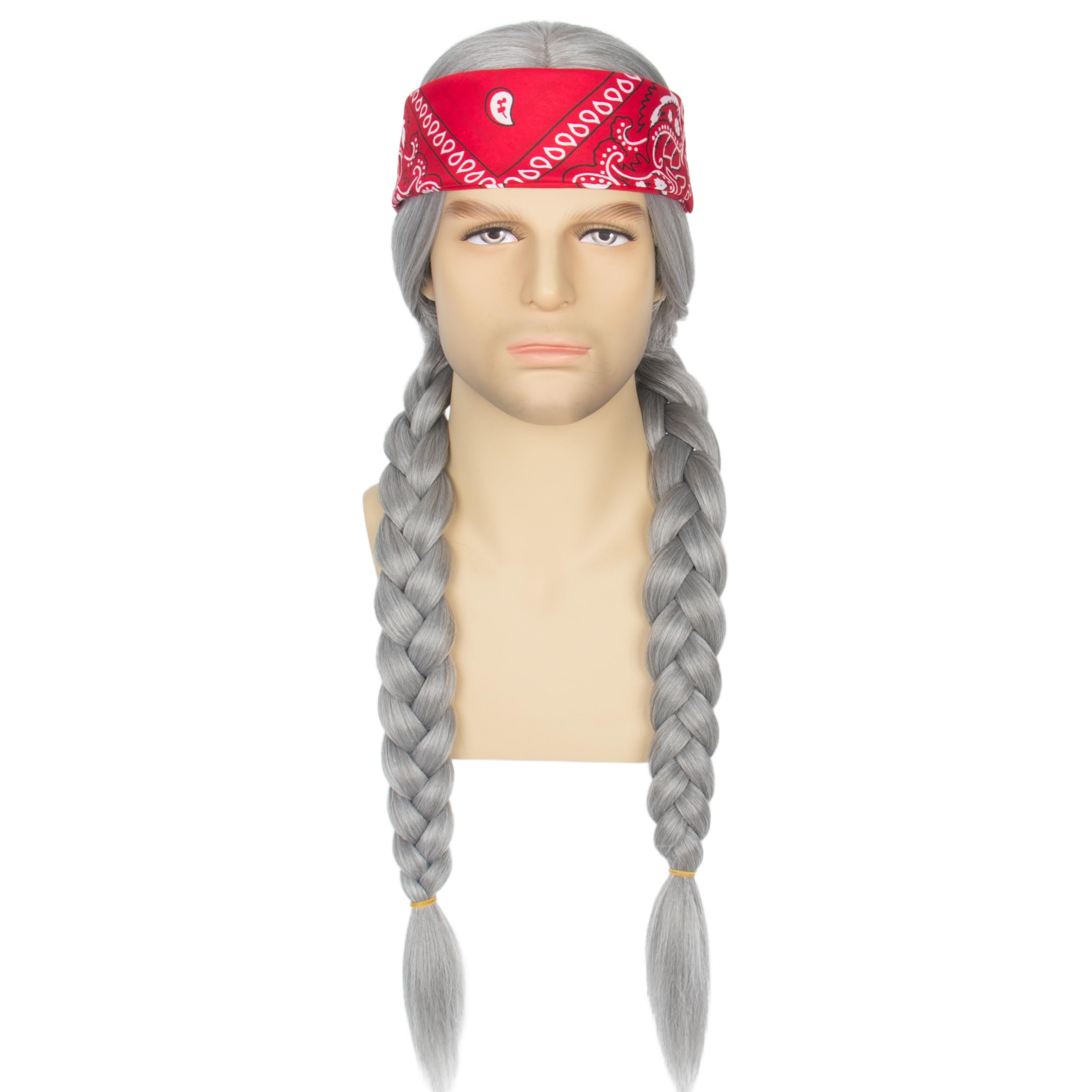 Miss U Hair Men Long Silvery Grey Braided Wig with Red Headband Hippie Costume Wig